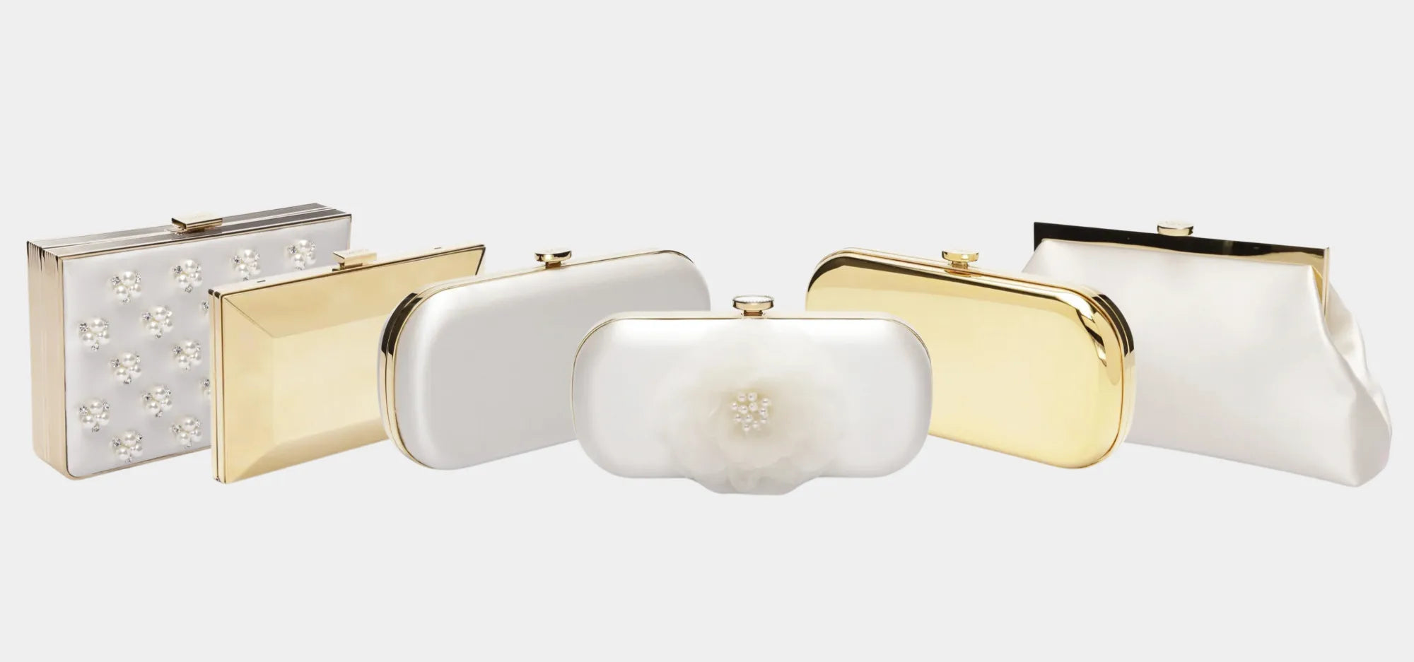 Six Bella Rosa Bridal Clutches lined up together