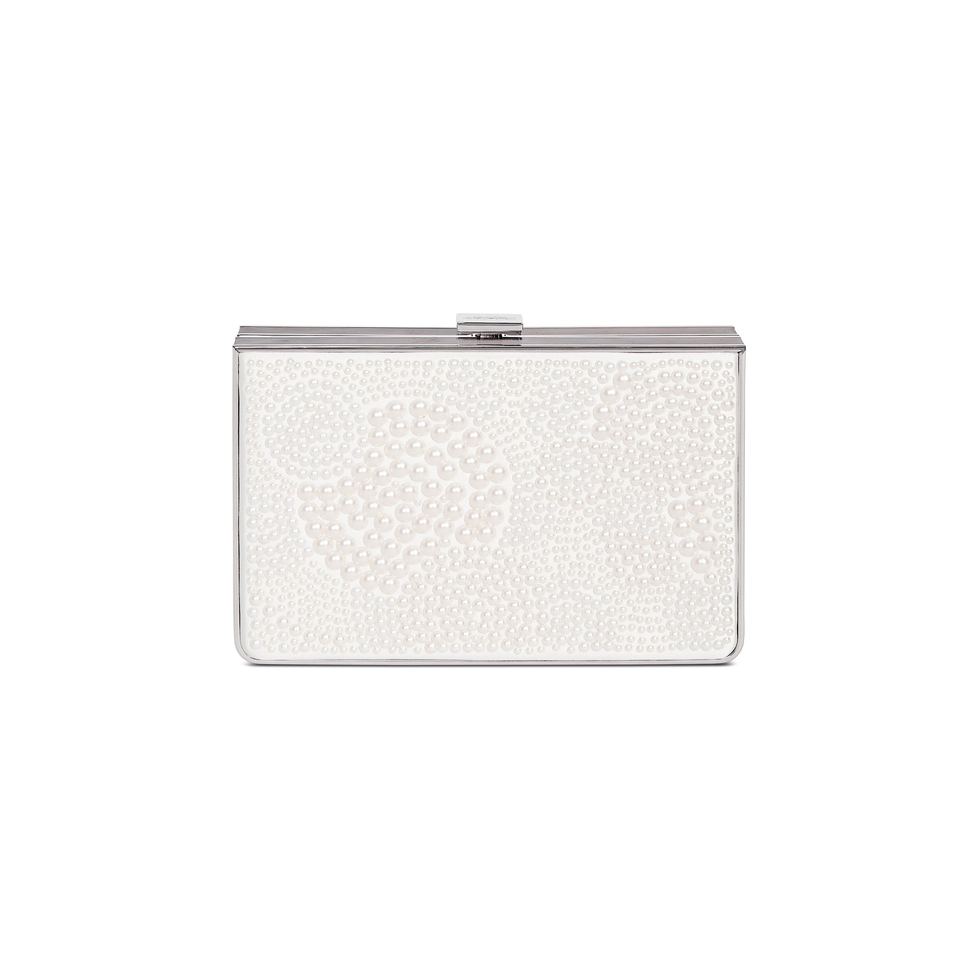 The Bella Rosa Collection's Venezia Pearl Encrusted Bridal Clutch features a rectangular white design with a silver frame and clasp, adorned with raised pearl-like beads on luxe Italian satin.