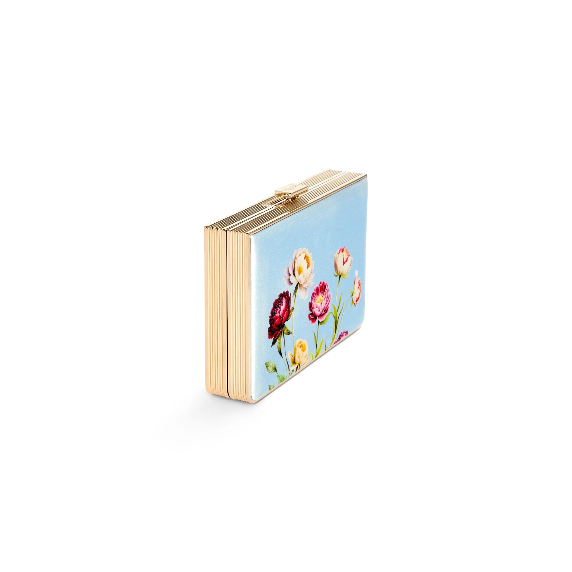 The Bella Rosa Collection's Venezia Spring Florals - Blue Satin clutch pairs gold sides and clasp with a blue satin front adorned with vibrant florals—a statement of sustainable luxury fashion.