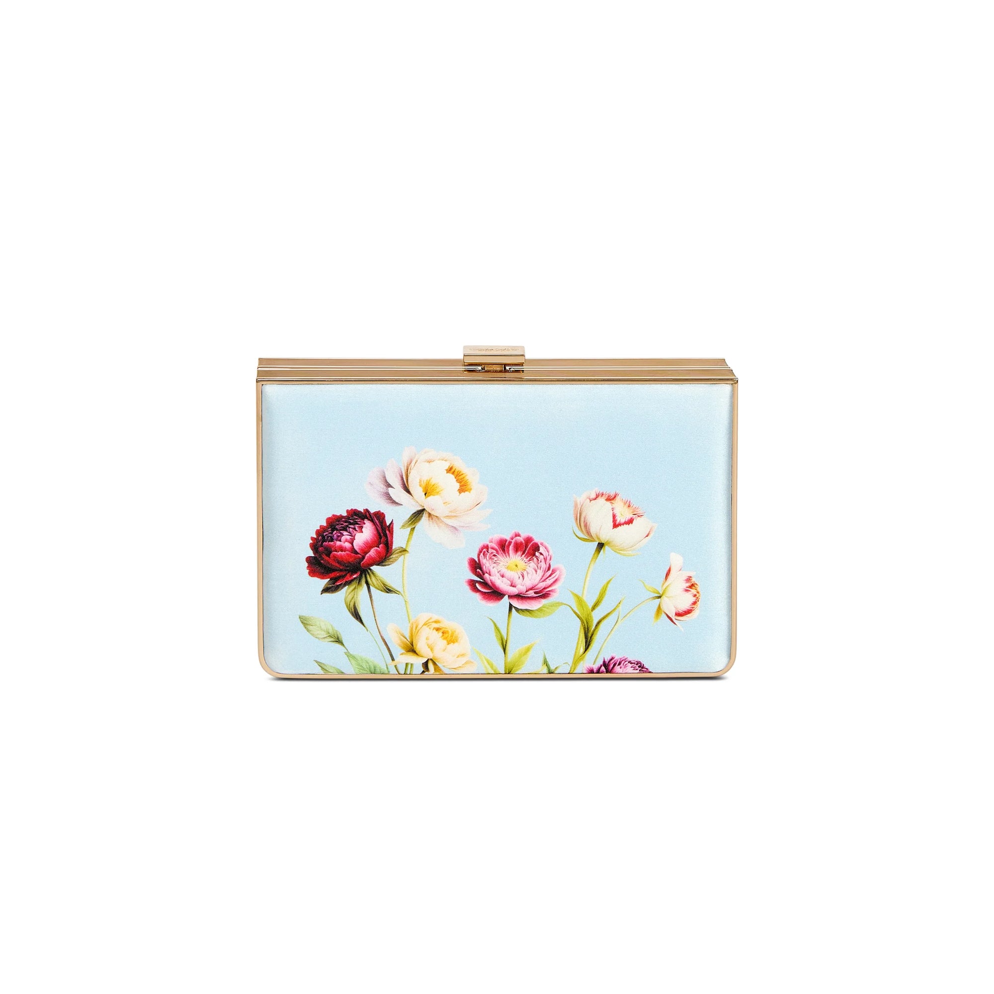 The Bella Rosa Collection’s Venezia Spring Florals – Blue Satin clutch features Italian Duchess Satin in light blue with a multicolored floral print, gold frame and clasp, uniting sustainable luxury and elegant design.