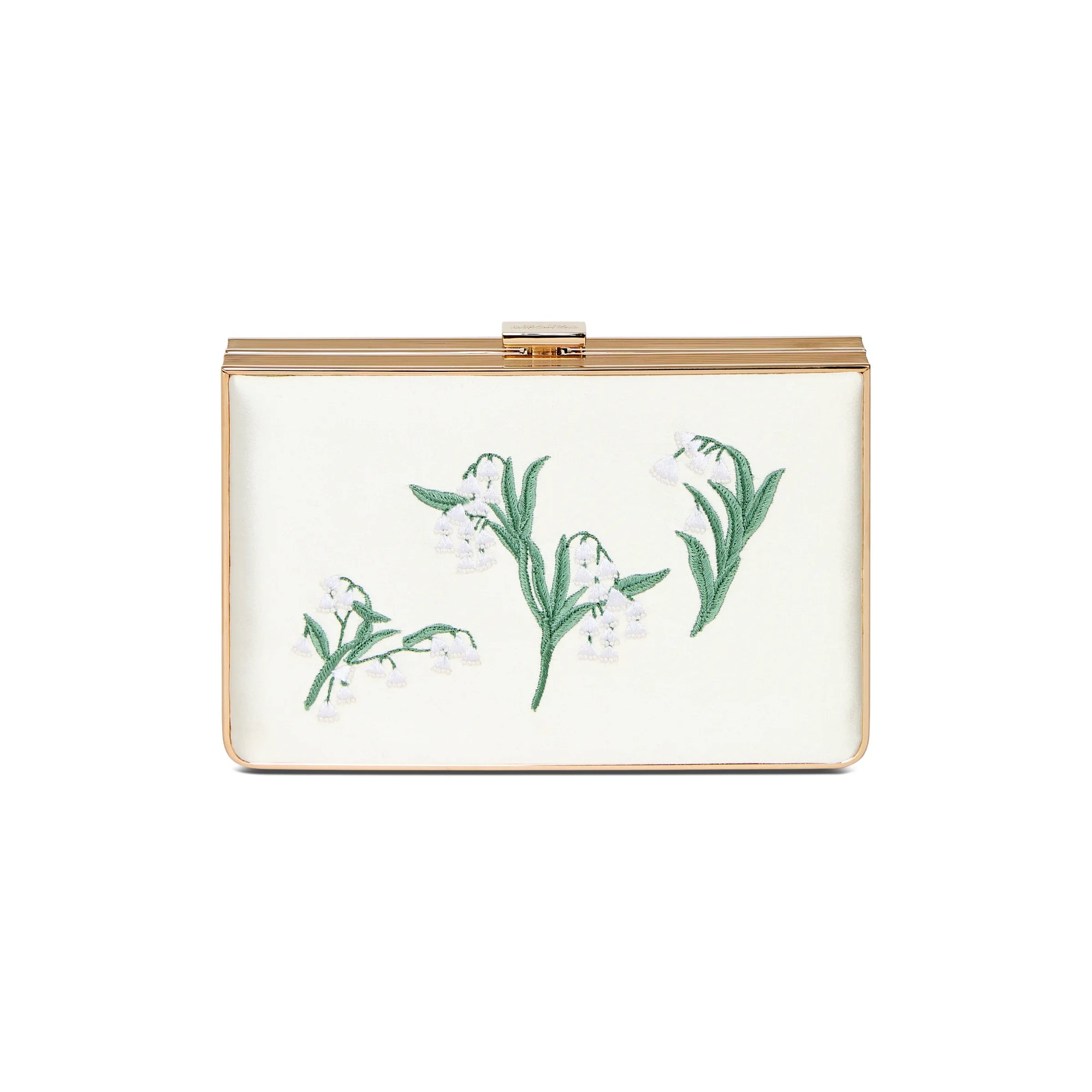 The Bella Rosa Collection’s Venezia - Lilly of the Valley Embroidered Clutch features a rectangular gold frame and white flower embroidery with green stems on the front.