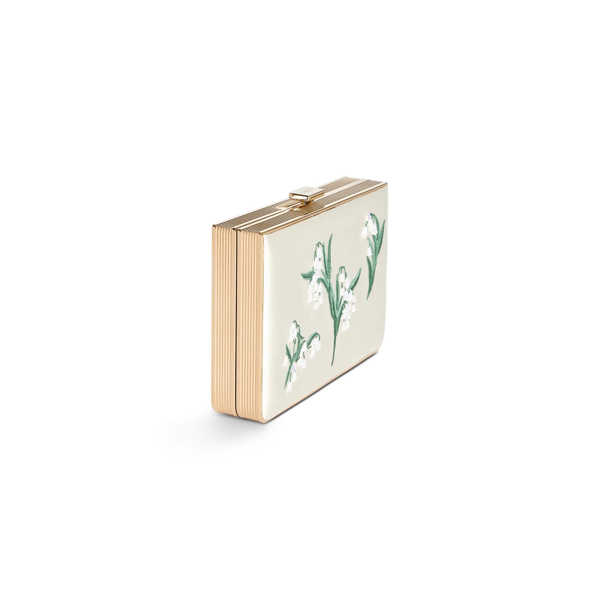 The Bella Rosa Collection's Venezia - Lilly of the Valley Embroidered Clutch pairs a gold frame and white front with delicate lily of the valley embroidery, offering elegant floral style from the MICAELA X Bella Rosa Collection.