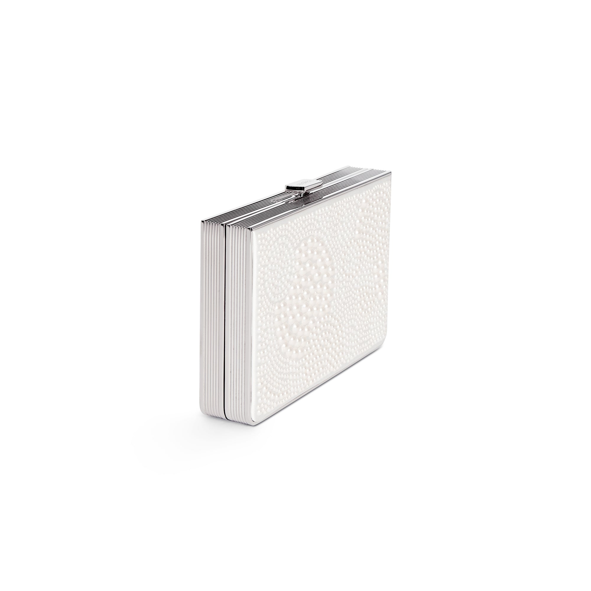 The Bella Rosa Collection’s Venezia Pearl Encrusted Bridal Clutch features a rectangular shape, silver metal frame, and white beaded Italian satin front panel, shown on a white background.