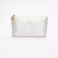 Mia Ivory Satin Zipper Pouch with bridal crest monogram embroidery.