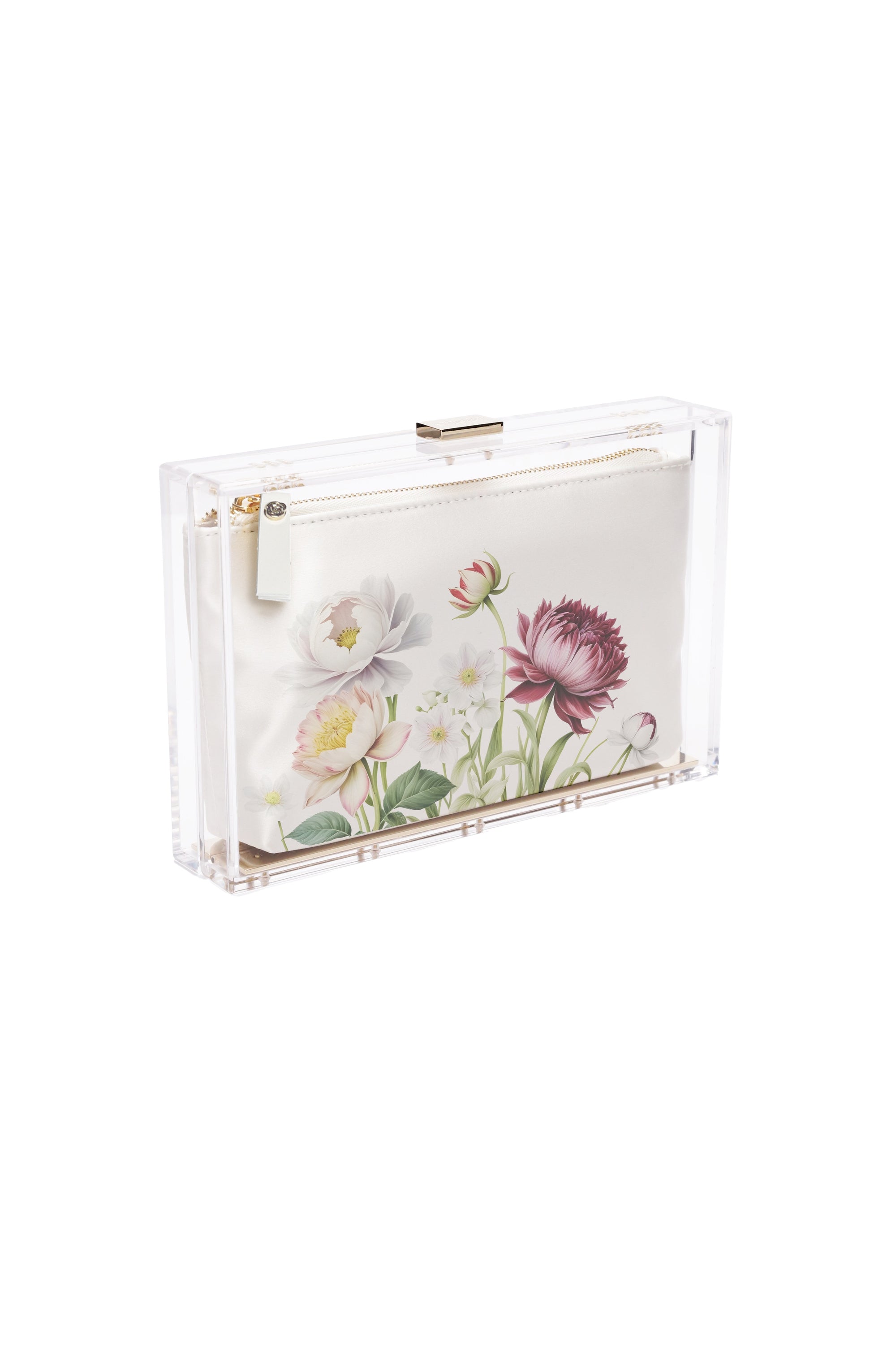 Introducing the Mia Acrylic Clutch by The Bella Rosa Collection: a stylish clear acrylic bag featuring a pink and white floral satin zipper pouch.