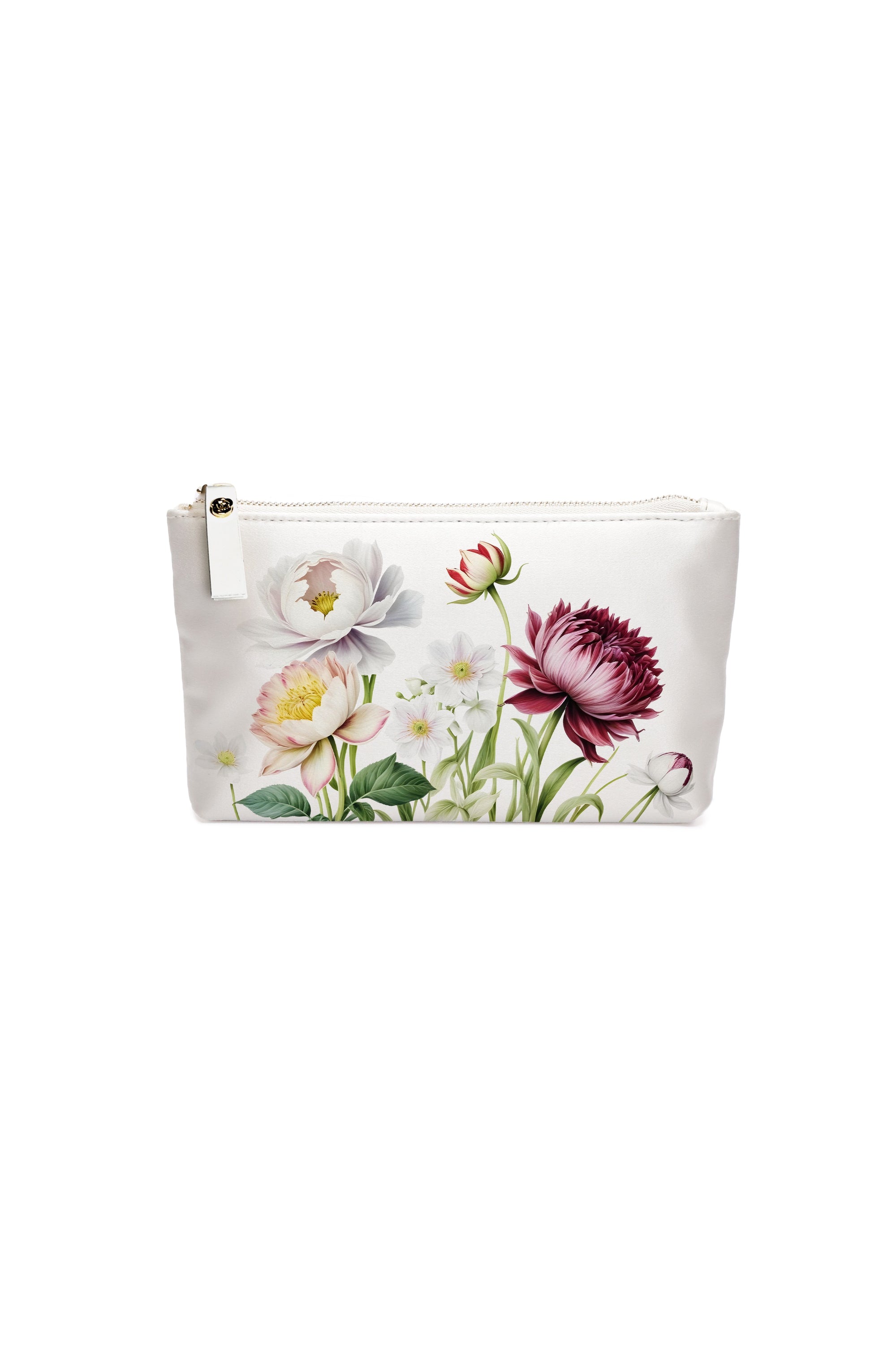 The Bella Rosa Collection's Mia Acrylic Clutch features a charming floral satin zipper pouch in white, adorned with pink and white hues, blending elegance with practicality.