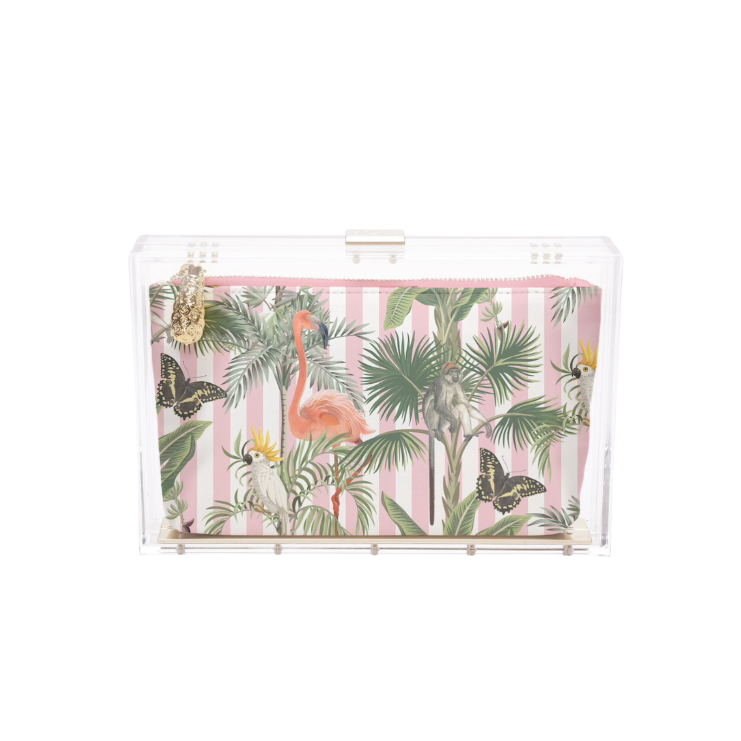The Bella Rosa Collection's Mia Acrylic Clutch features a clear shell with a Palm Beach Zipper Pouch, showcasing pink and white stripes accented by tropical foliage, flamingos, butterflies, and cockatoos in a lively floral print.
