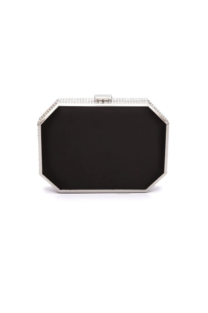 Old Hollywood glamour octagonal Como Clutch x MICAELA - Black Satin from The Bella Rosa Collection with a rhinestone trim.