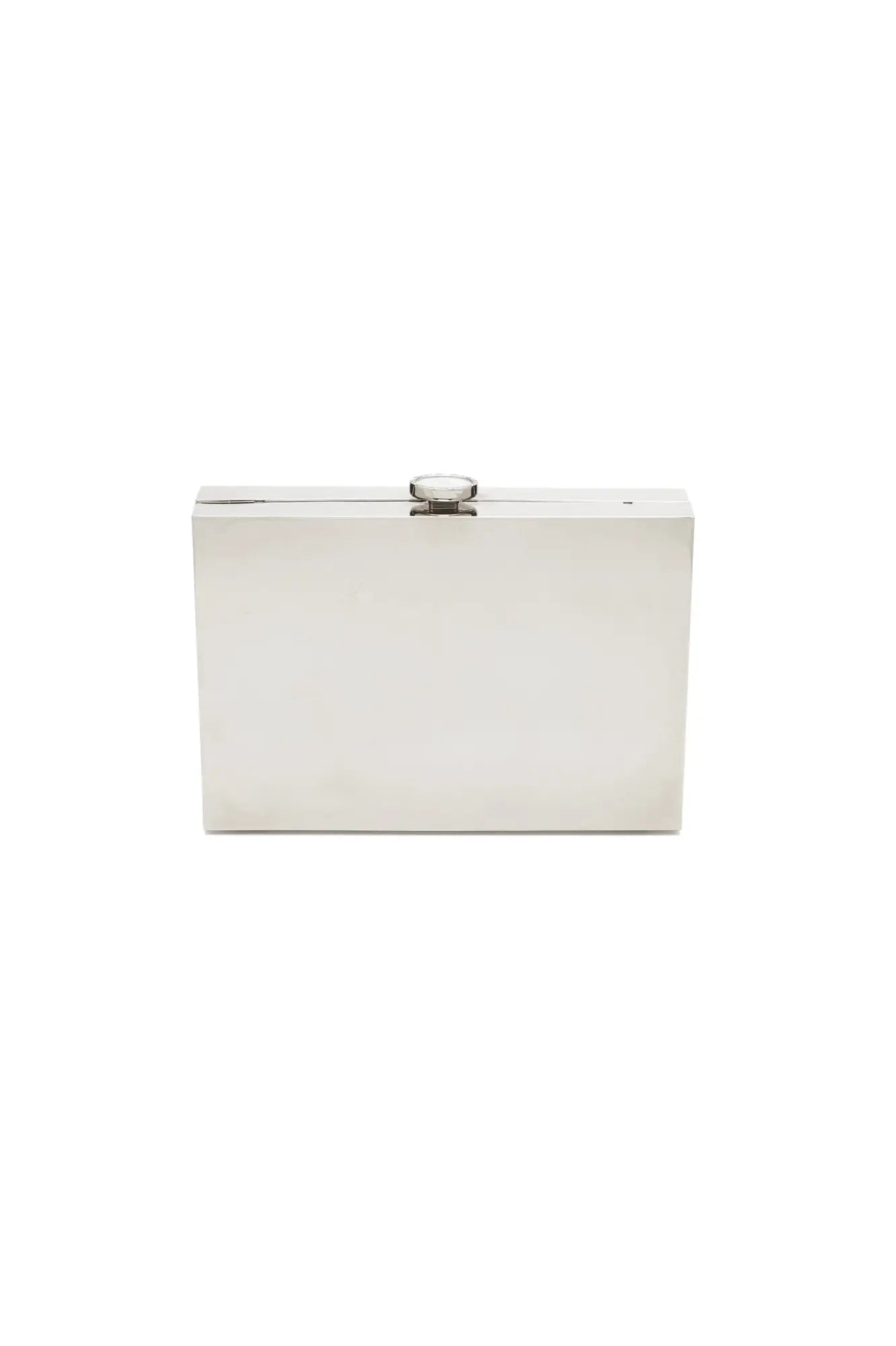 A plain white Ella Clutch - Mirror Silver purse with a silver metallic clasp on a white background by The Bella Rosa Collection.