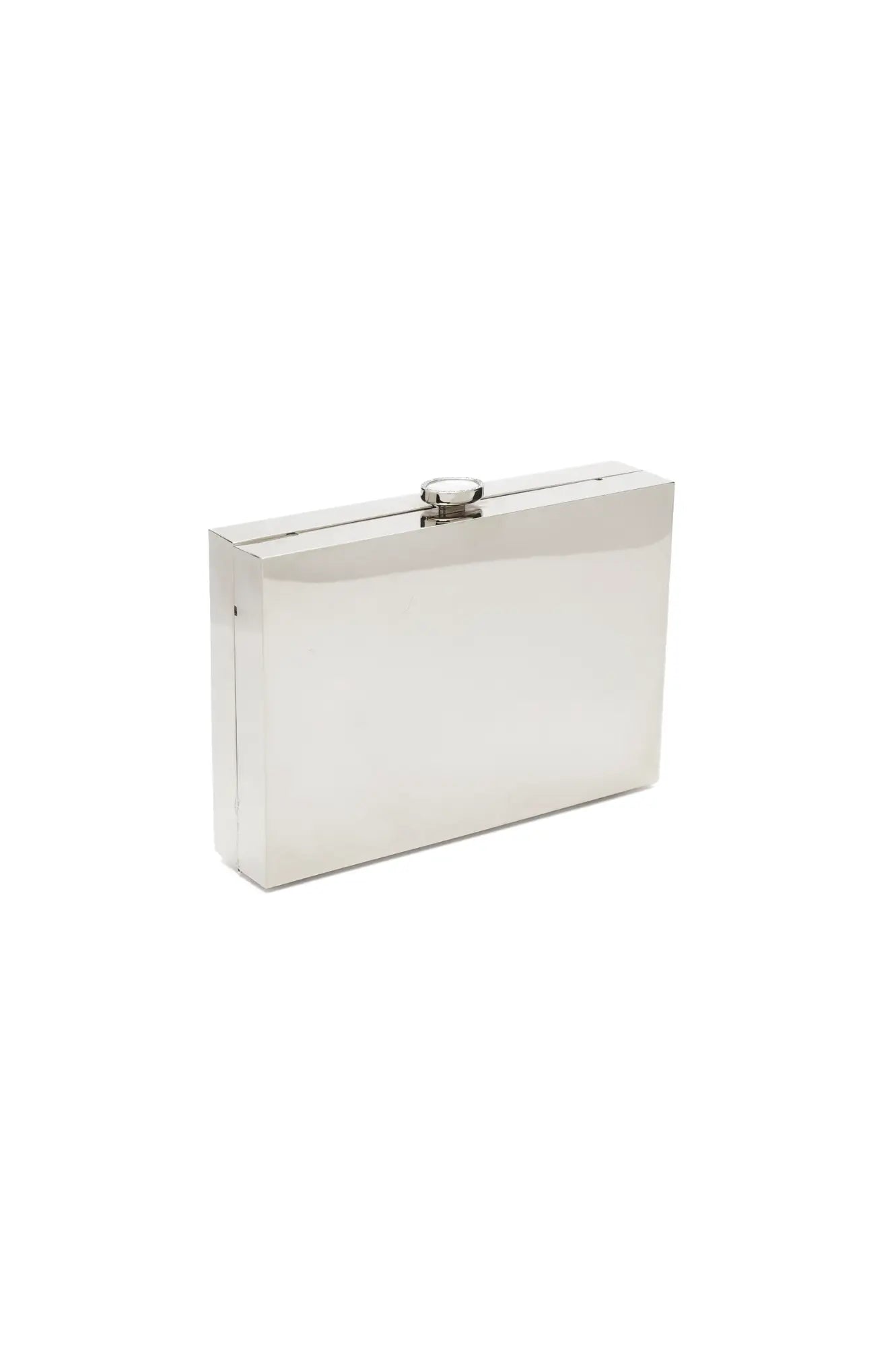 A luxury Ella Clutch - Mirror Silver from The Bella Rosa Collection with a mirror finish on a white background.