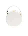 A white round leather handbag with a metallic clasp from The Bella Rosa Collection's Original Hat Box, on a white background.