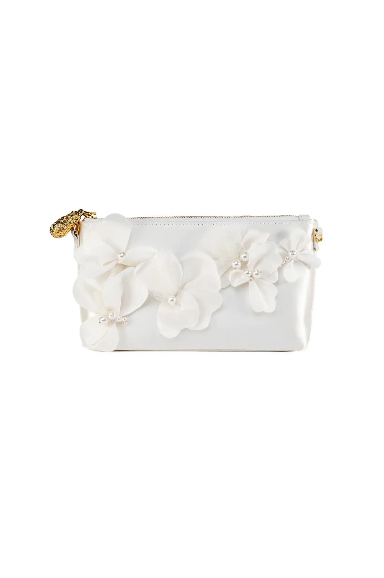 The Bella Rosa Collection's Hayden Clutch Purse Organza Flowers - Sample Sale is a small ivory duchess satin clutch adorned with large organza floral designs and pearl embellishments, featuring a gold clasp on one side. It showcases exquisite Italian craftsmanship.