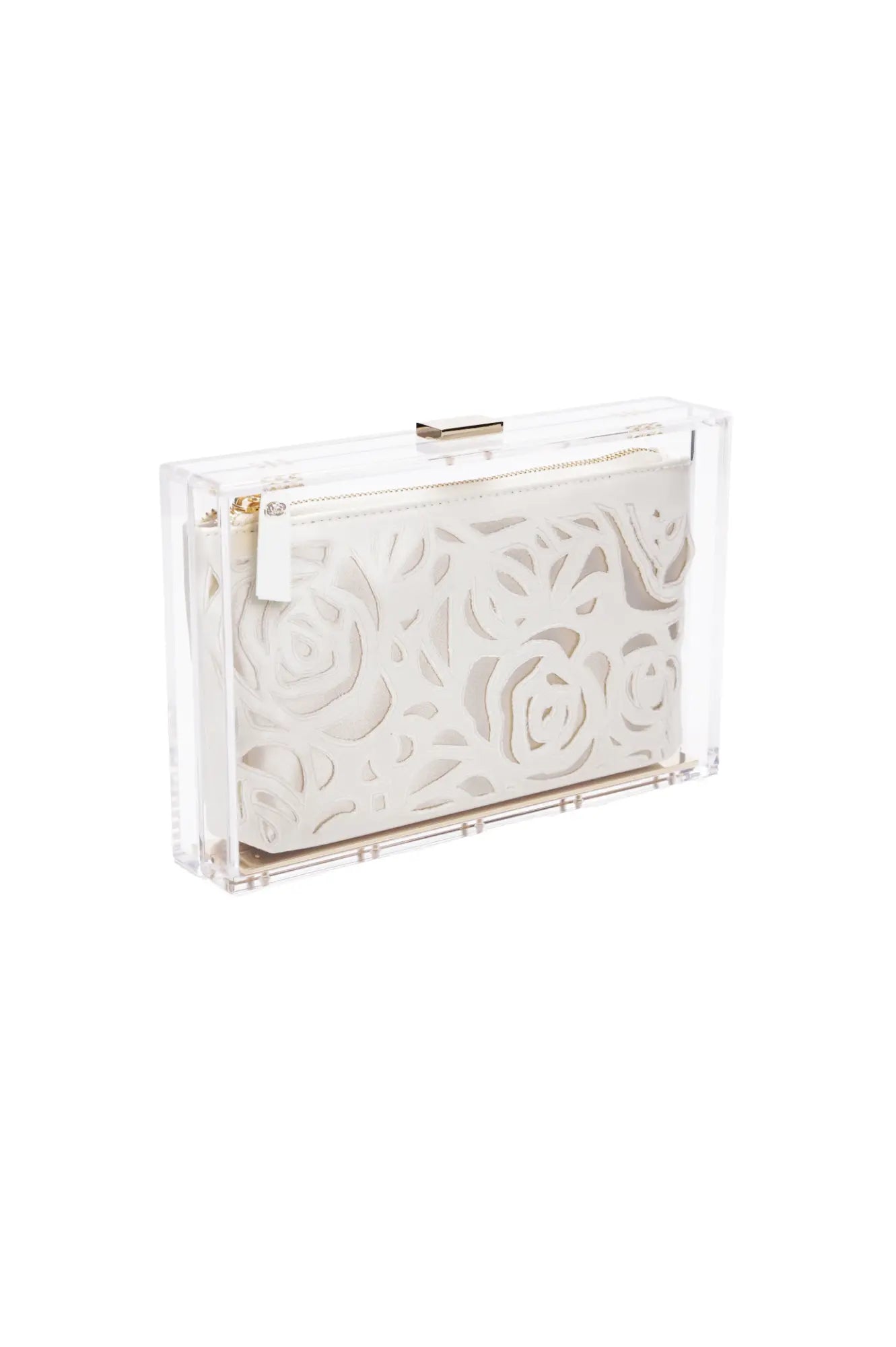 The Bella Rosa Collection presents the Mia Acrylic Clutch with ivory laser cut roses and a blush liner, highlighting a stunning Italian design.