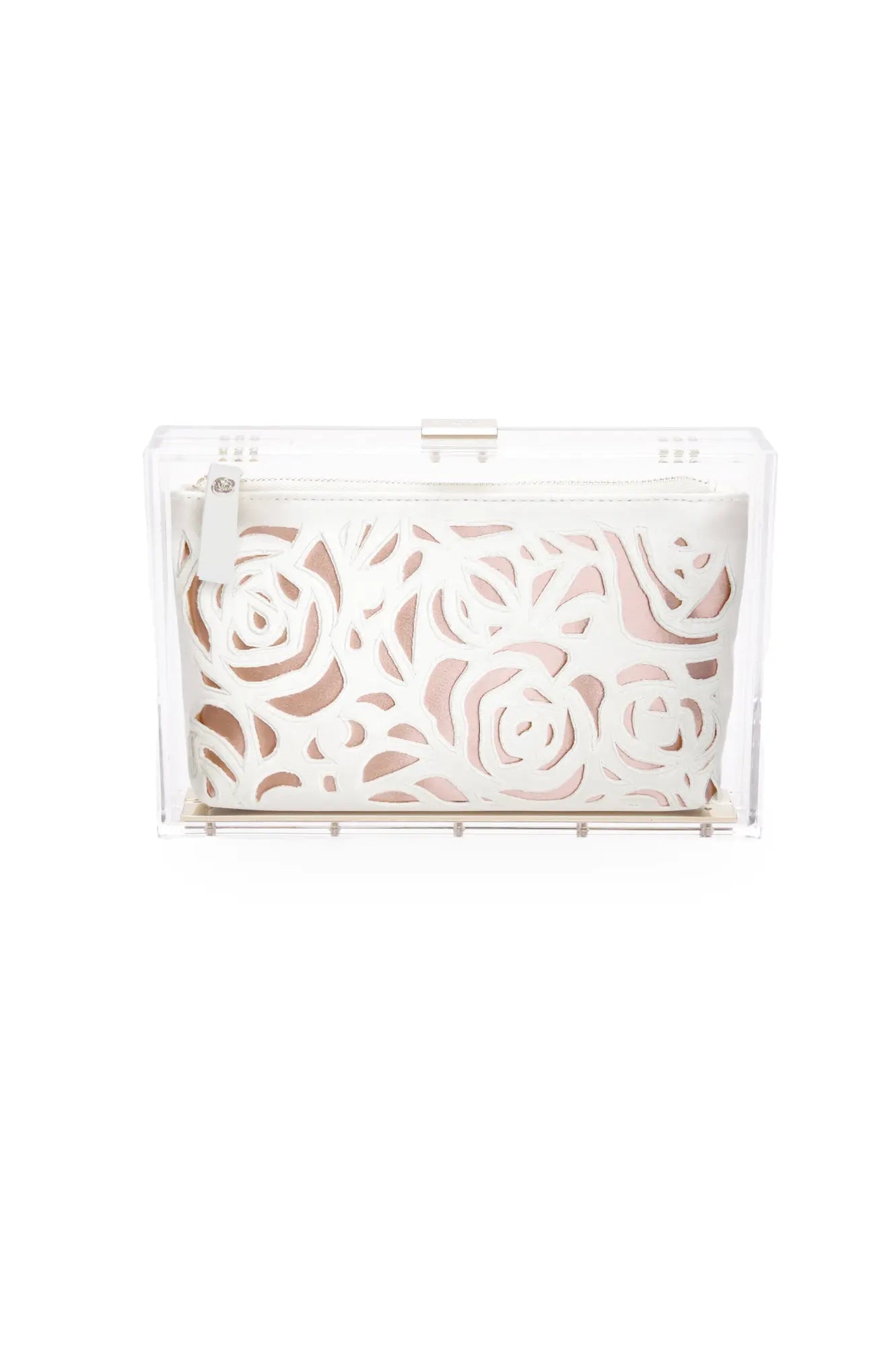 The Bella Rosa Collection’s Mia Acrylic Clutch features ivory laser-cut roses, a blush liner, and is housed in a clear rectangular acrylic box with a top clasp.