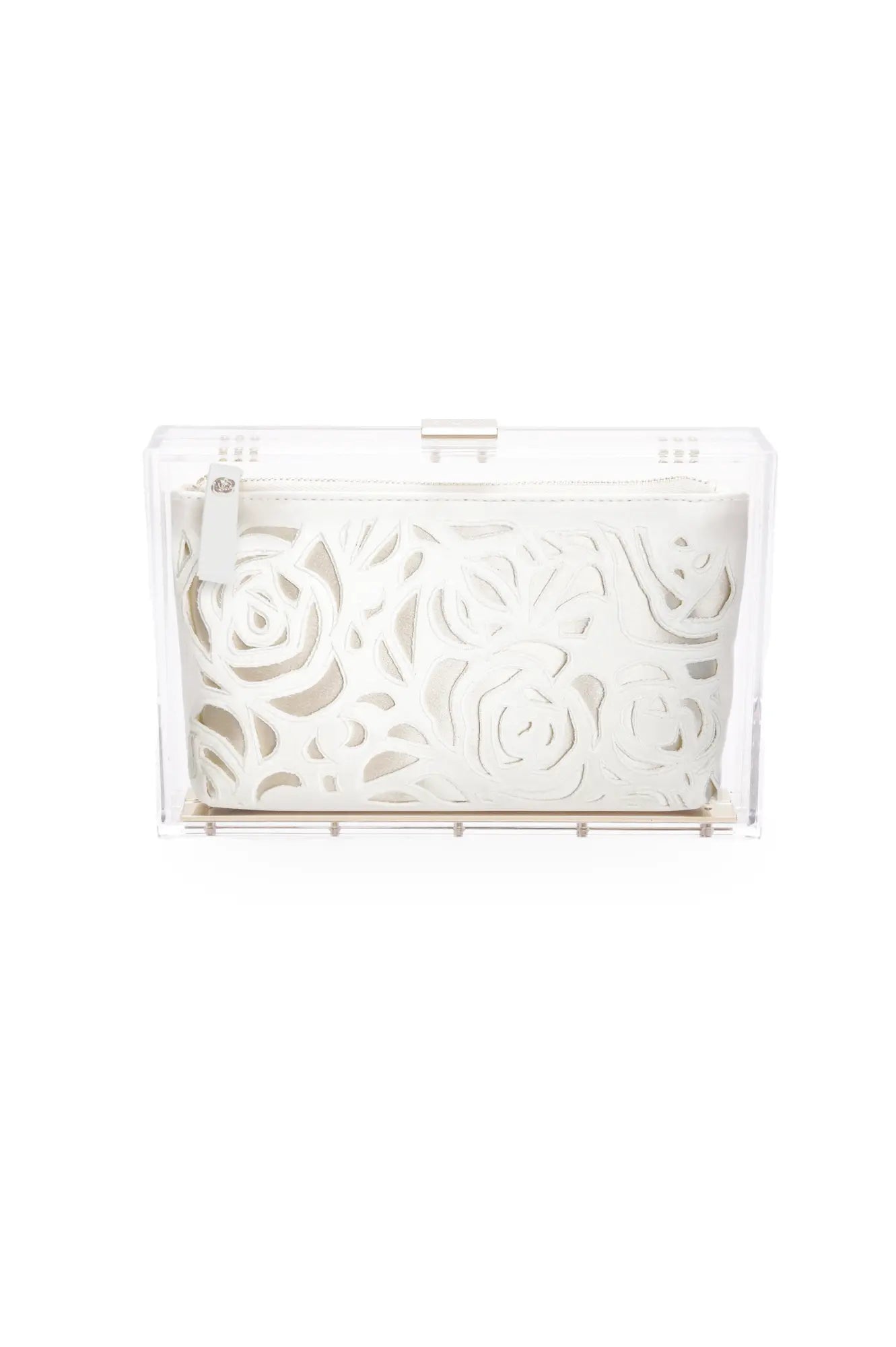 Introducing The Bella Rosa Collection's Mia Acrylic Clutch, featuring ivory laser-cut roses and a blush liner. This transparent rectangular accessory is crafted from Italian acrylic and completed with a secure top clasp closure.