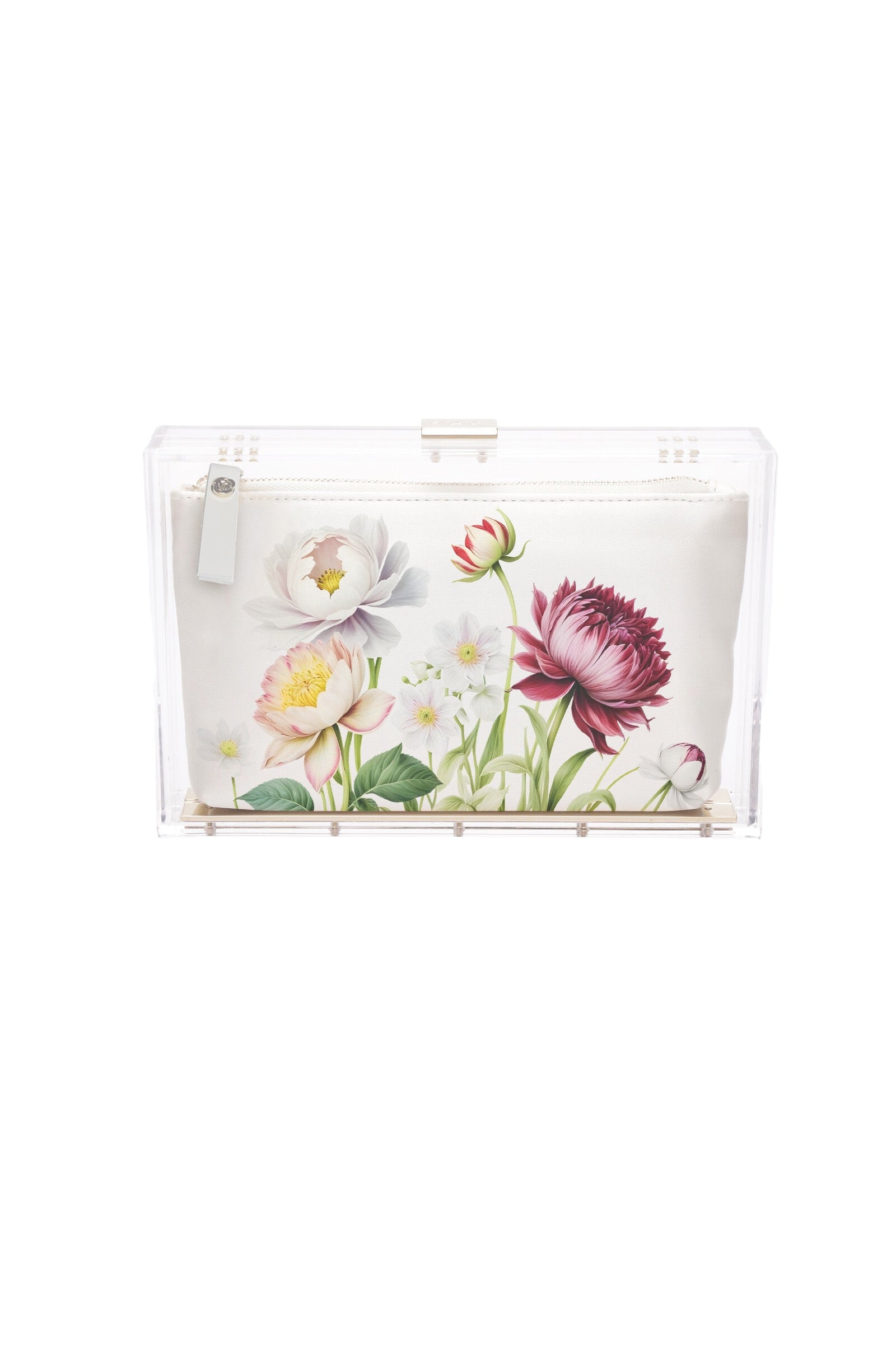 Introducing the Mia Acrylic Clutch by The Bella Rosa Collection, featuring a chic shell with a floral satin zipper pouch inside, adorned with vibrant peonies and daisies.