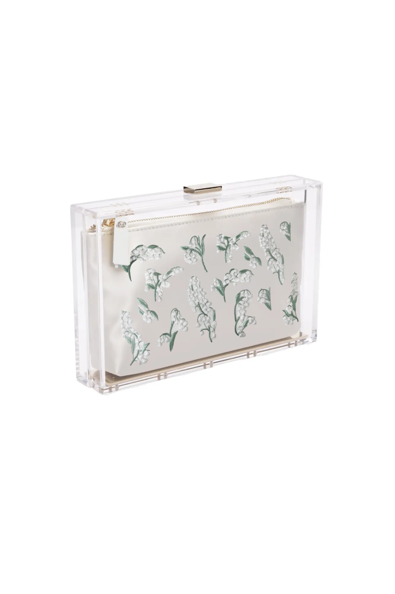 The Bella Rosa Collection's Mia Acrylic Clutch with Lily of the Valley is a transparent rectangular design featuring a gold clasp and includes a white pouch adorned with hand-embroidered green leaves and flowers.