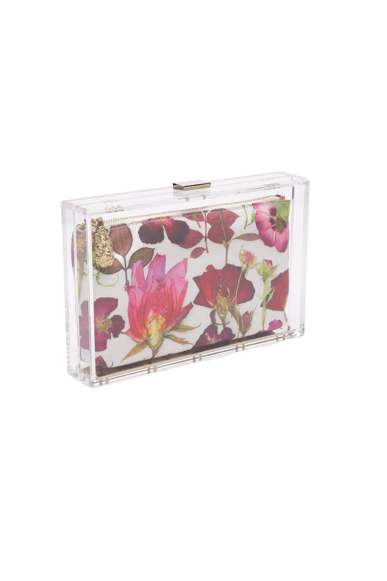 Experience the elegance of The Bella Rosa Collection with the Mia Fiori Clutch Acrylic, adorned with a luxury clear design and an interior satin zipper pouch featuring a charming pressed flower print in pink and red—available now at our sample sale.