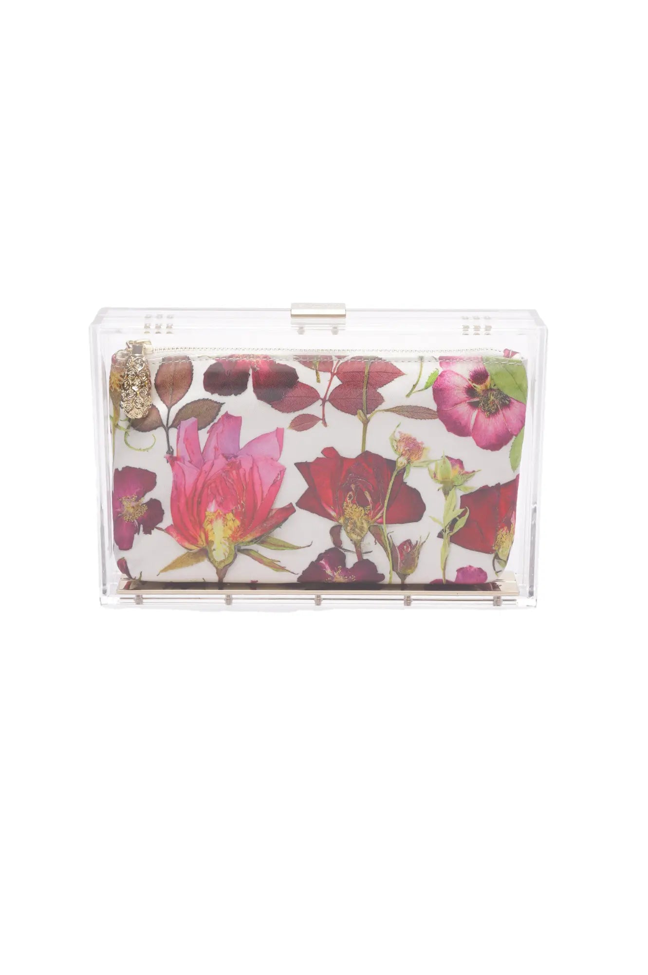 A transparent rectangular clutch with gold clasps from The Bella Rosa Collection, called the Mia Fiori Clutch Acrylic, featuring a vibrant interior floral satin zipper pouch on a white background – Sample Sale.