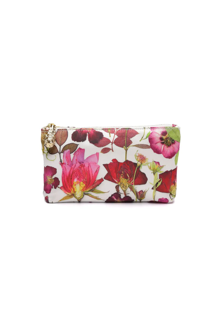 Mia Fiori Clutch - Floral Satin Zipper Pouch isolated on white background.