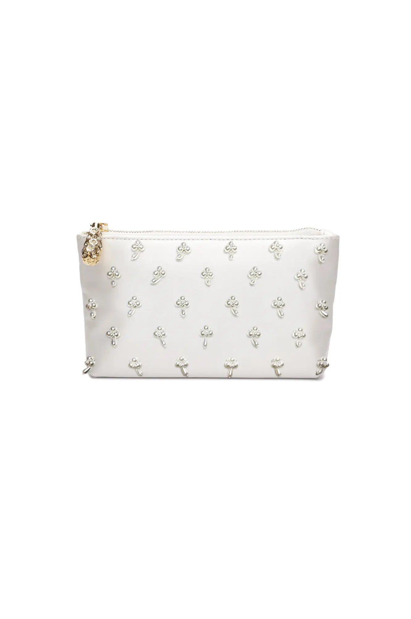 This Hayden Clutch Drop Pearl from The Bella Rosa Collection, adorned with small floral rhinestones and a gold zipper closure, is a sample sale handbag.