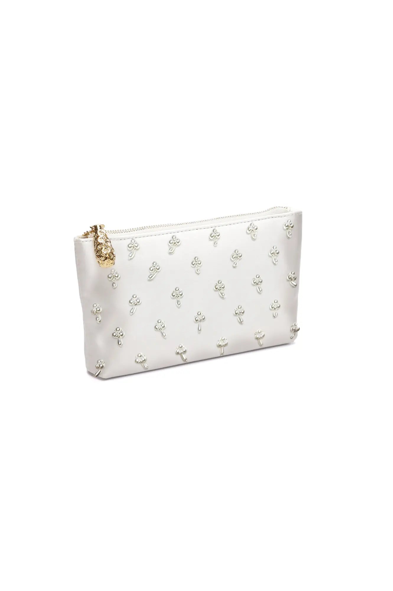 The Hayden Clutch Drop Pearl from The Bella Rosa Collection is a stunning ivory satin zipper pouch, adorned with small decorative floral patterns. Please note that this handbag is available as a sample sale item and is a final sale.