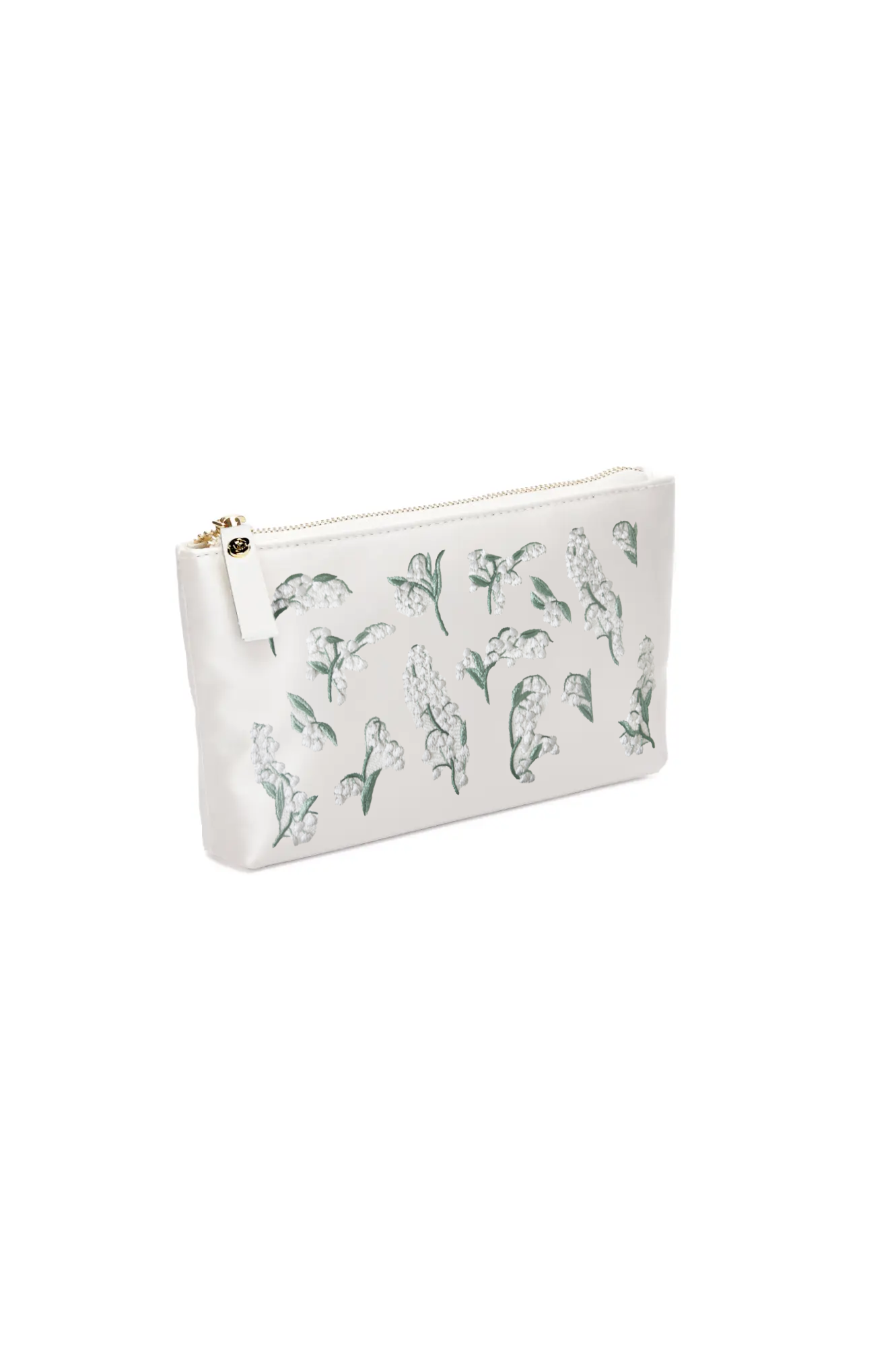 Introducing the Mia Acrylic Clutch from The Bella Rosa Collection: an elegant ivory satin pouch with a white zippered closure, adorned with hand-embroidered lily of the valley flowers in vibrant green hues.