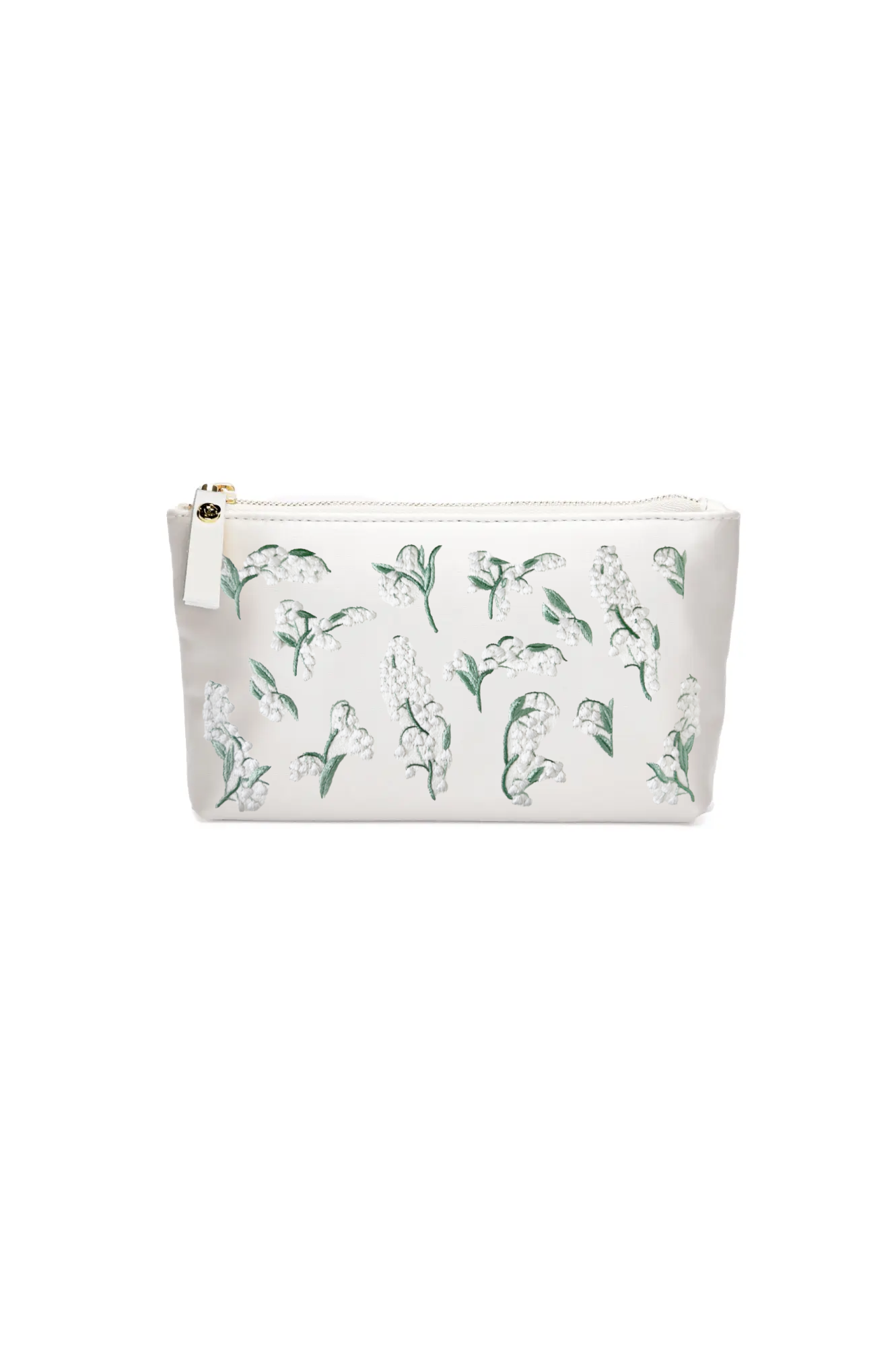 The Mia Acrylic Clutch from The Bella Rosa Collection is an ivory satin pouch, stylishly designed with hand-embroidered Lily of the Valley flowers in a charming green and white pattern.