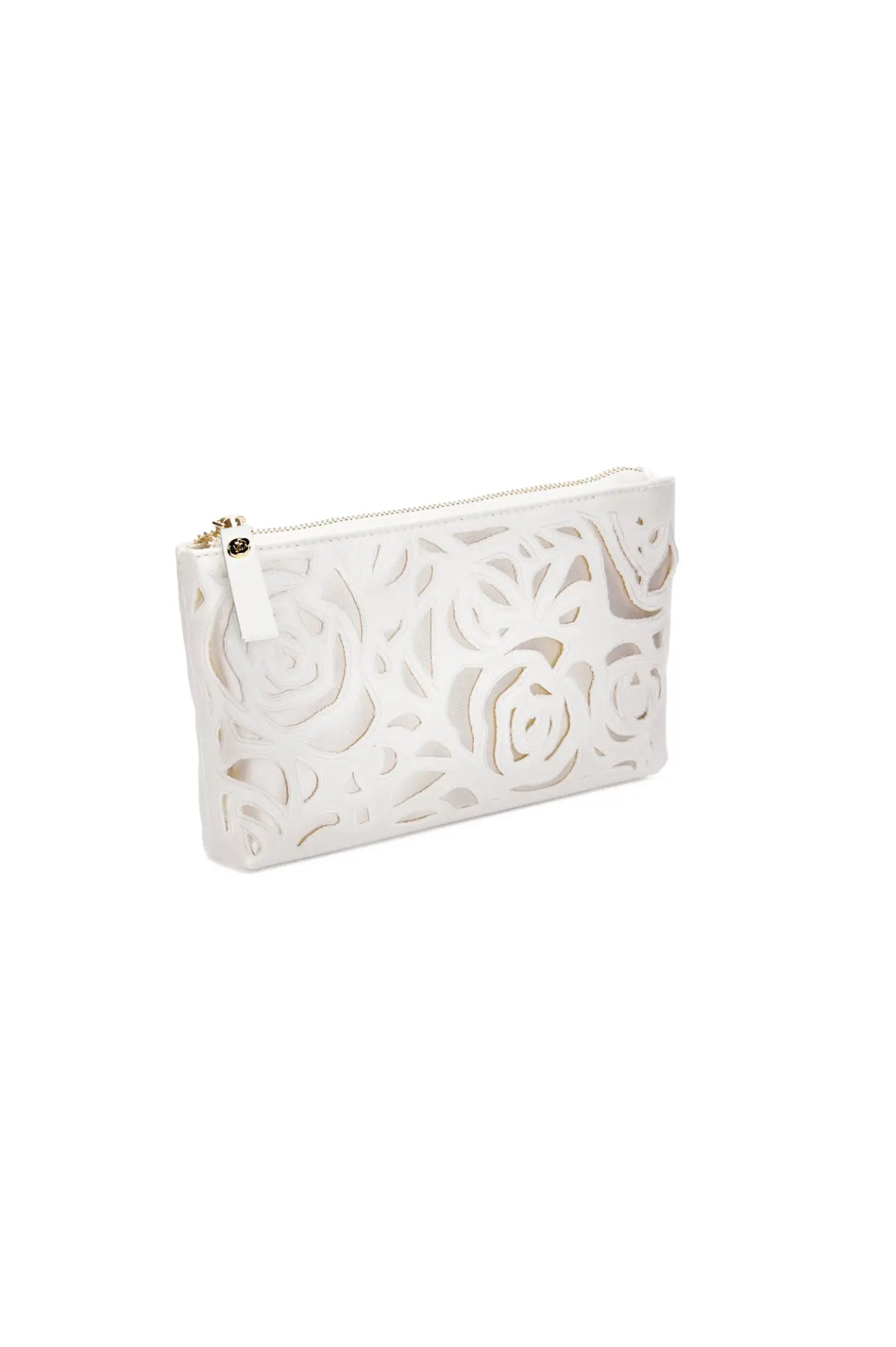 The Bella Rosa Collection's Mia Acrylic Clutch boasts an ivory laser-cut rose design with a blush liner and features a shimmering gold zipper, perfectly displayed against a plain white background.