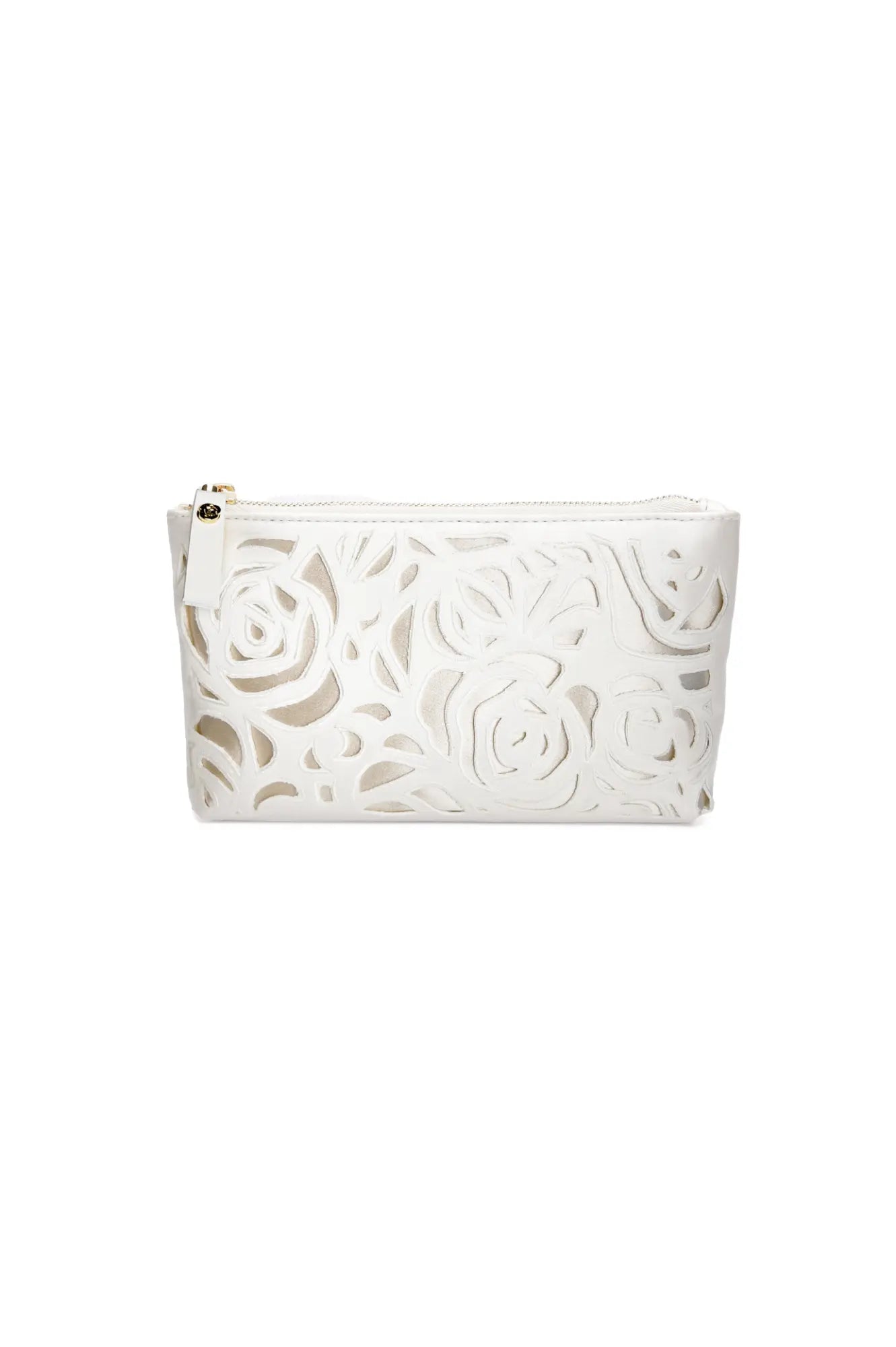 The Mia Acrylic Clutch by The Bella Rosa Collection boasts ivory laser-cut roses with a blush liner, elegantly showcased on a zippered pouch.