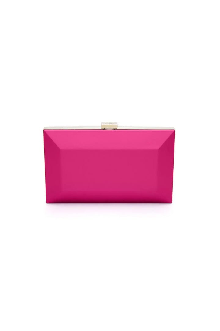 Barbiecore fashion Milan Clutch x MICAELA - Hot Pink Metallic purse from The Bella Rosa Collection on a white background.