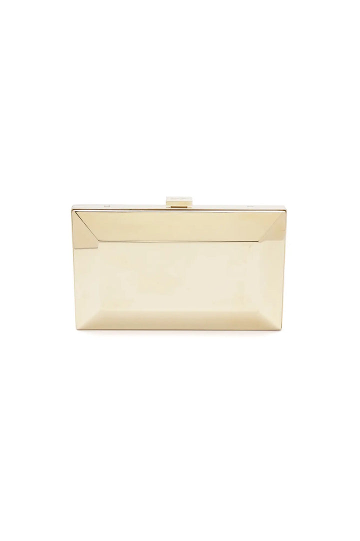 Beige Milan Clutch x MICAELA - Gold Metallic purse with a gold metallic closure on a white background from The Bella Rosa Collection.