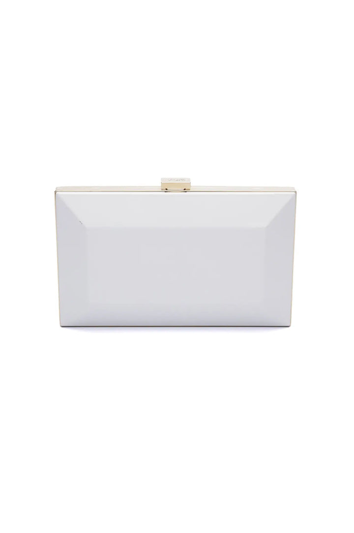 White Metallic Milan Clutch x MICAELA - Pearl White with a custom engraved sentiment plaque, on a white background from The Bella Rosa Collection.