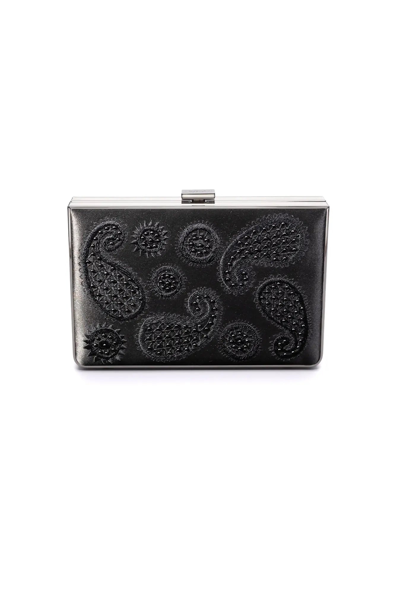 The Bella Rosa Collection's "Venezia Clutch x MICAELA Black Satin Paisley Embroidery" features a stunning paisley pattern in 3D embroidery and a silver clasp, available now as a sample sale item.