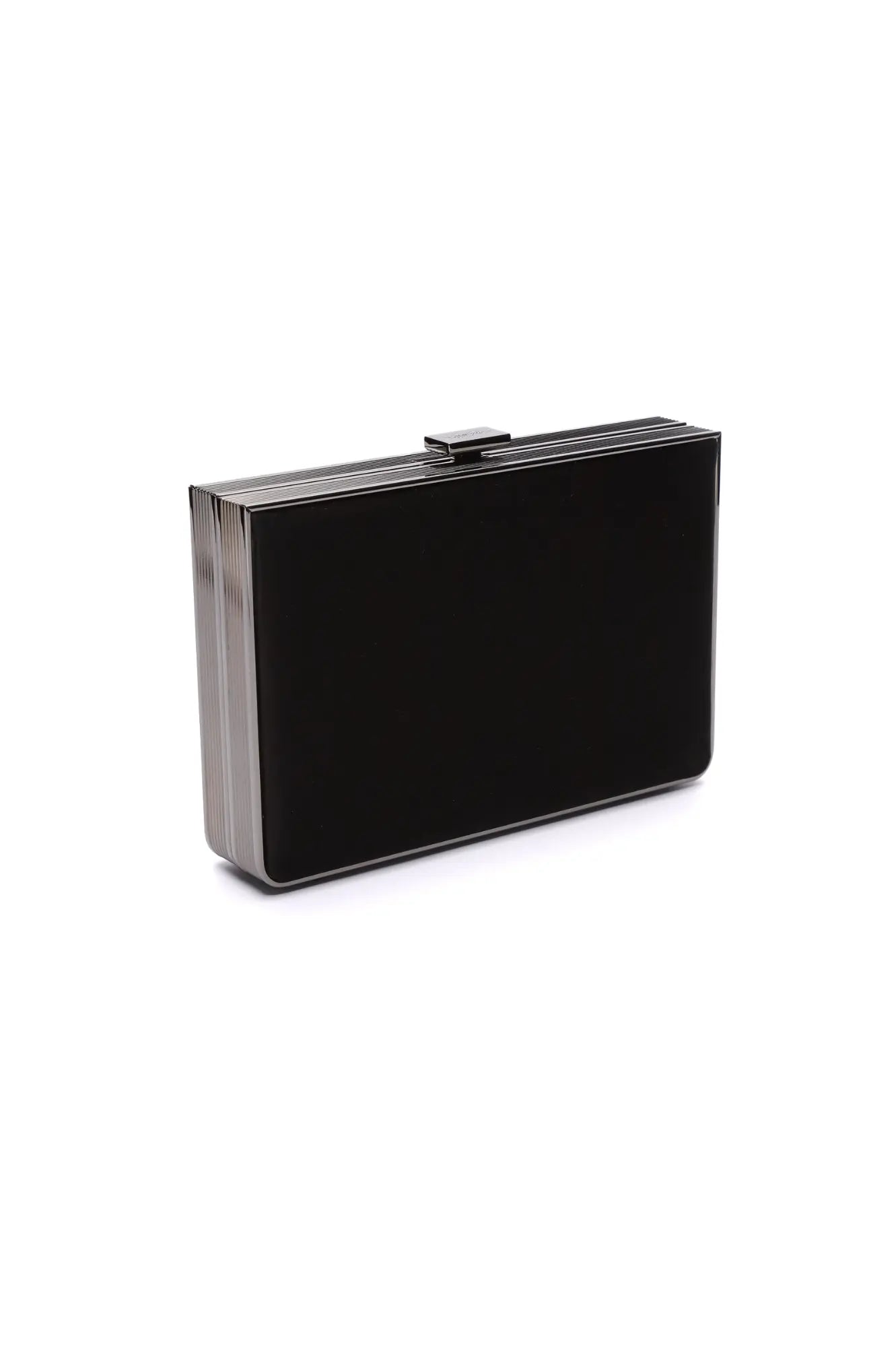 Black rectangular Venezia satin clutch purse with a striped design on a white background.
revised: Black rectangular The Bella Rosa Collection Venezia Clutch x MICAELA - Black Satin purse with a striped design on a white background.