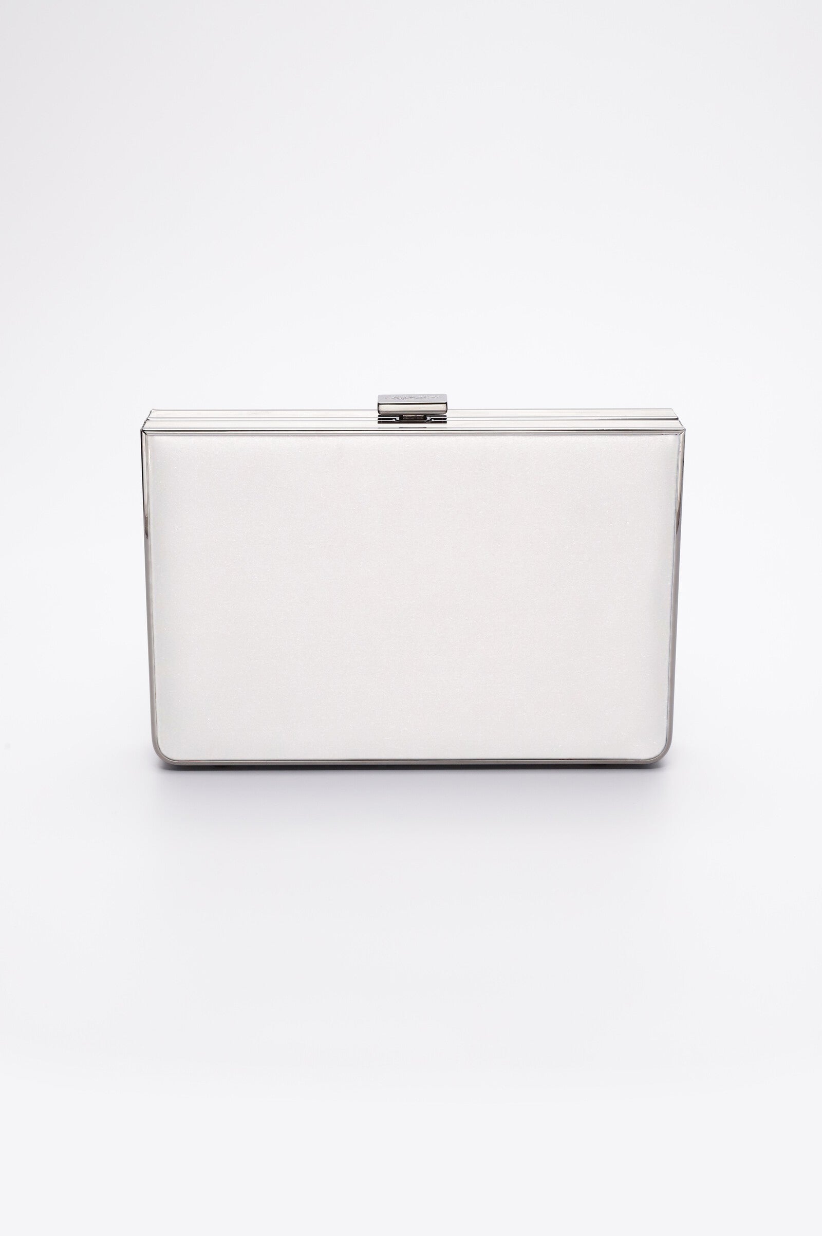 The front view of the Venezia clutch in White satin.