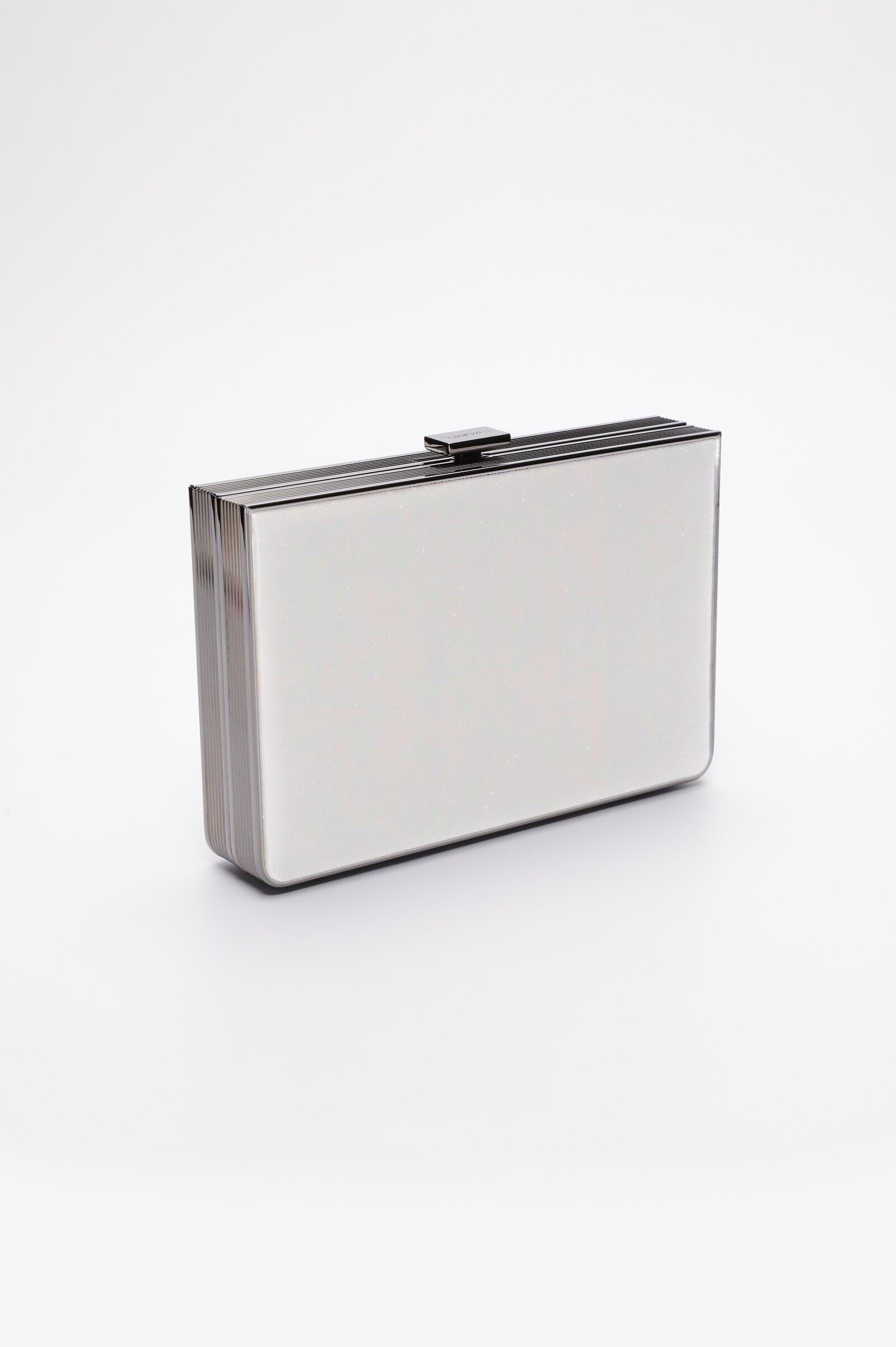 A side view of the Venenzia clutch in White satin.