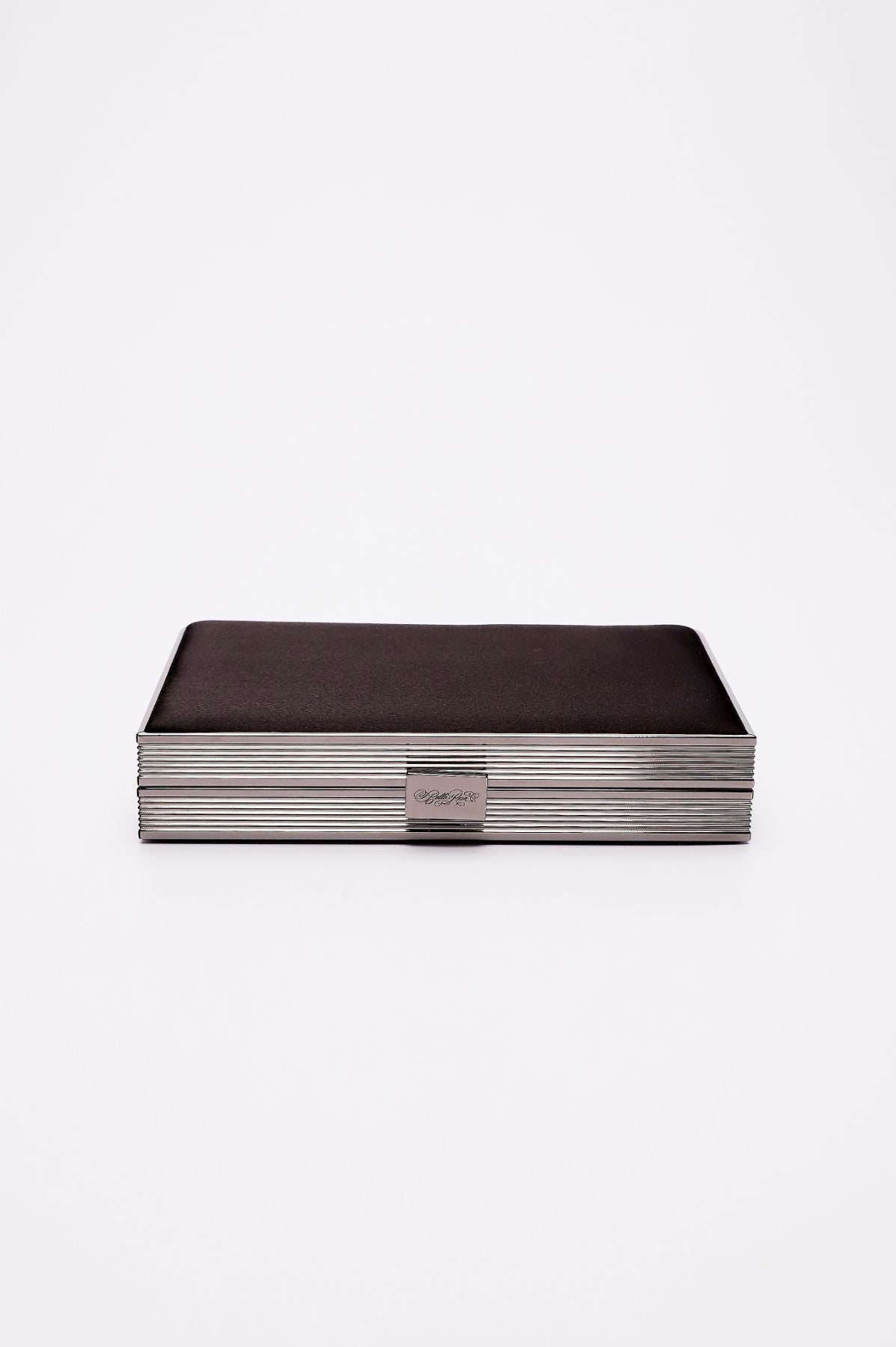 Top closed view of Venezia clutch in black satin.