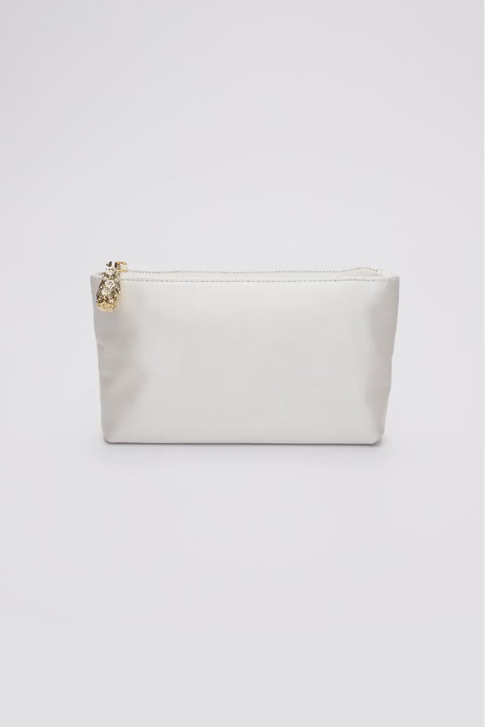 360 view of white satin pouch.