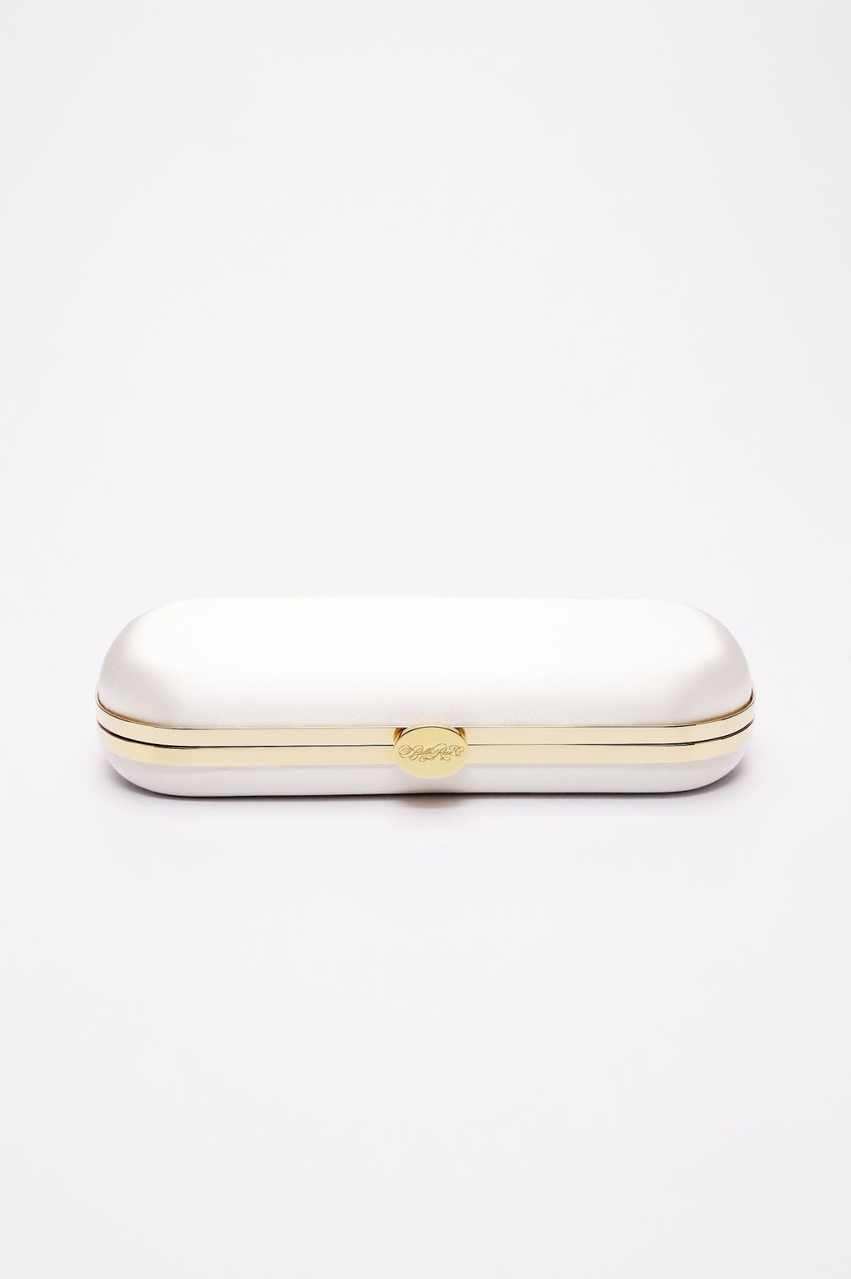 Elegant Bella Clutch Ivory Petite eyeglass case from The Bella Rosa Collection with gold trim and clasp closure on a white background, crafted as a bespoke accessory.