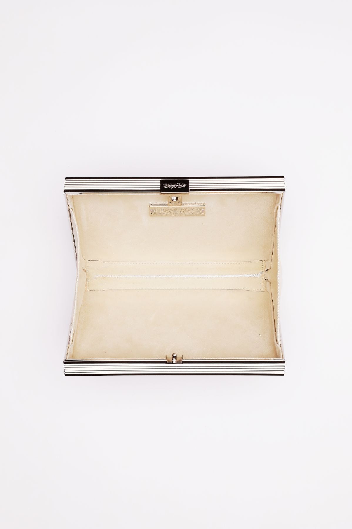 Top open view of Venezia clutch in black leather.