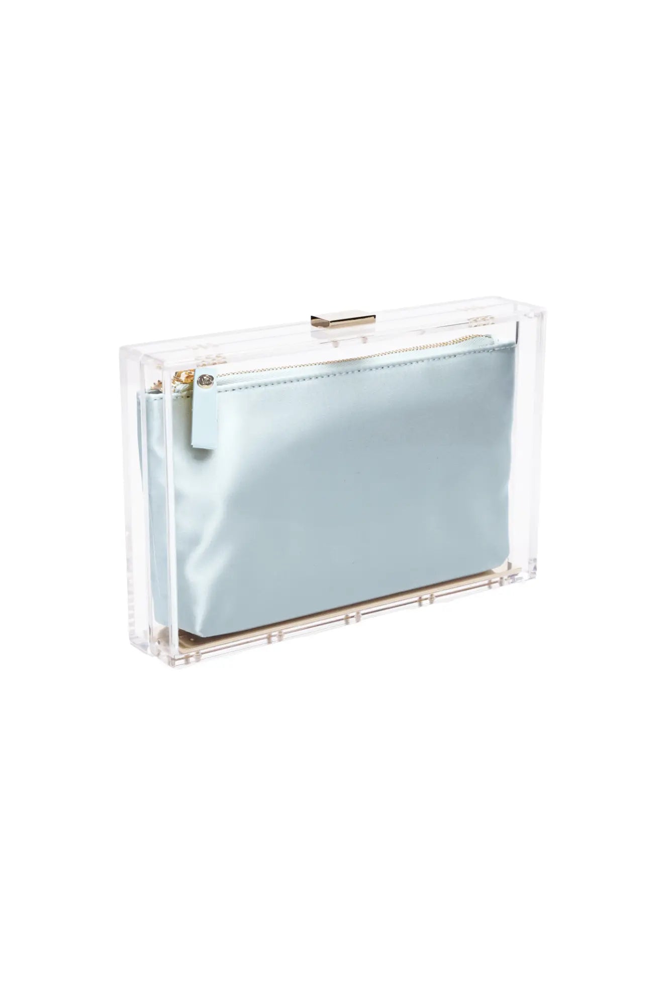 Clear rectangular box clutch with a shiny gold clasp, containing a light blue zippered pouch inside.