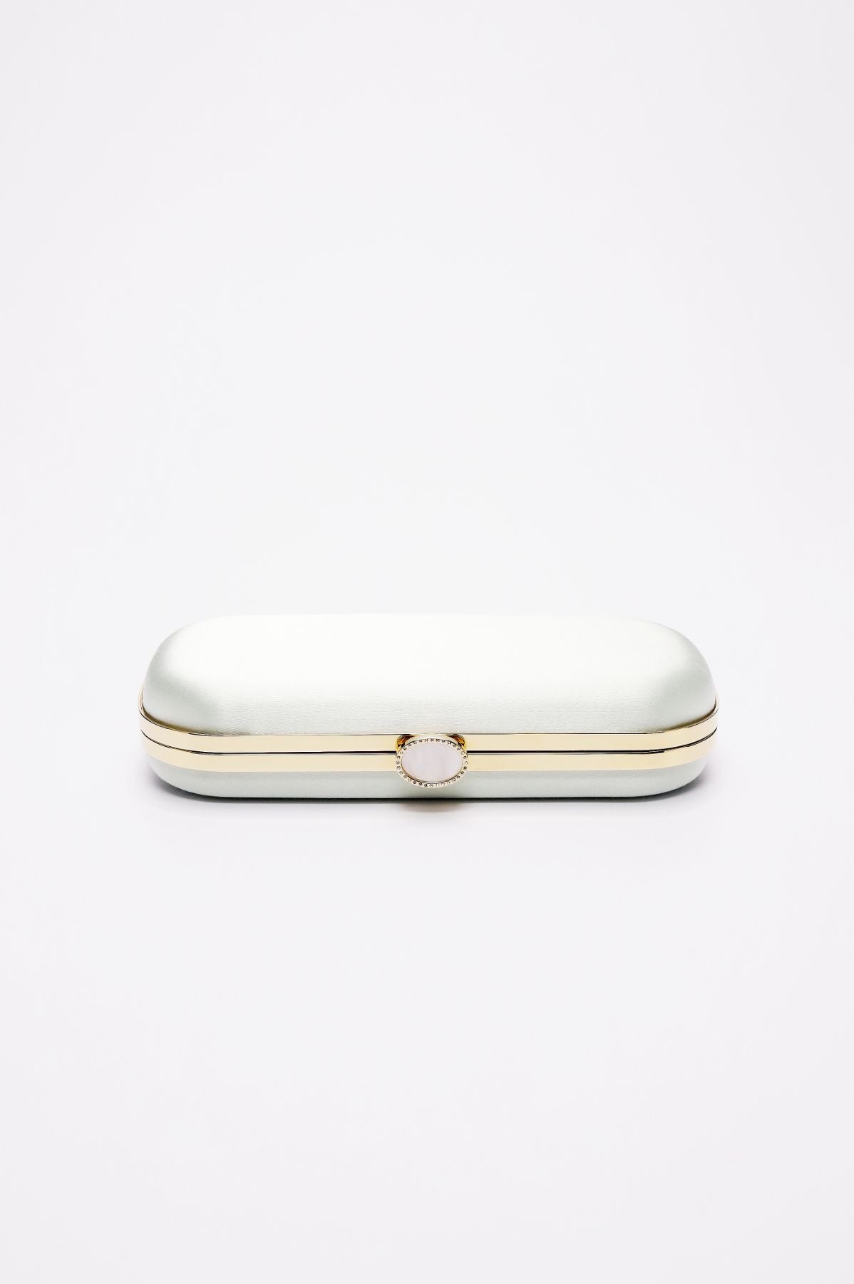 A white eyeglass case with a gold-toned clasp, centered on a plain background, reminiscent of the Bella Clutch Sage Green Satin Petitie from The Bella Rosa Collection.