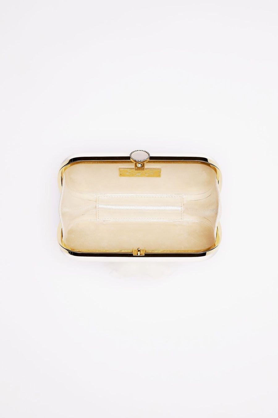 Top open view view of Ivory Bella Fiori Clutch with  Ivory organza flower with a micro pearl center and gold frame.