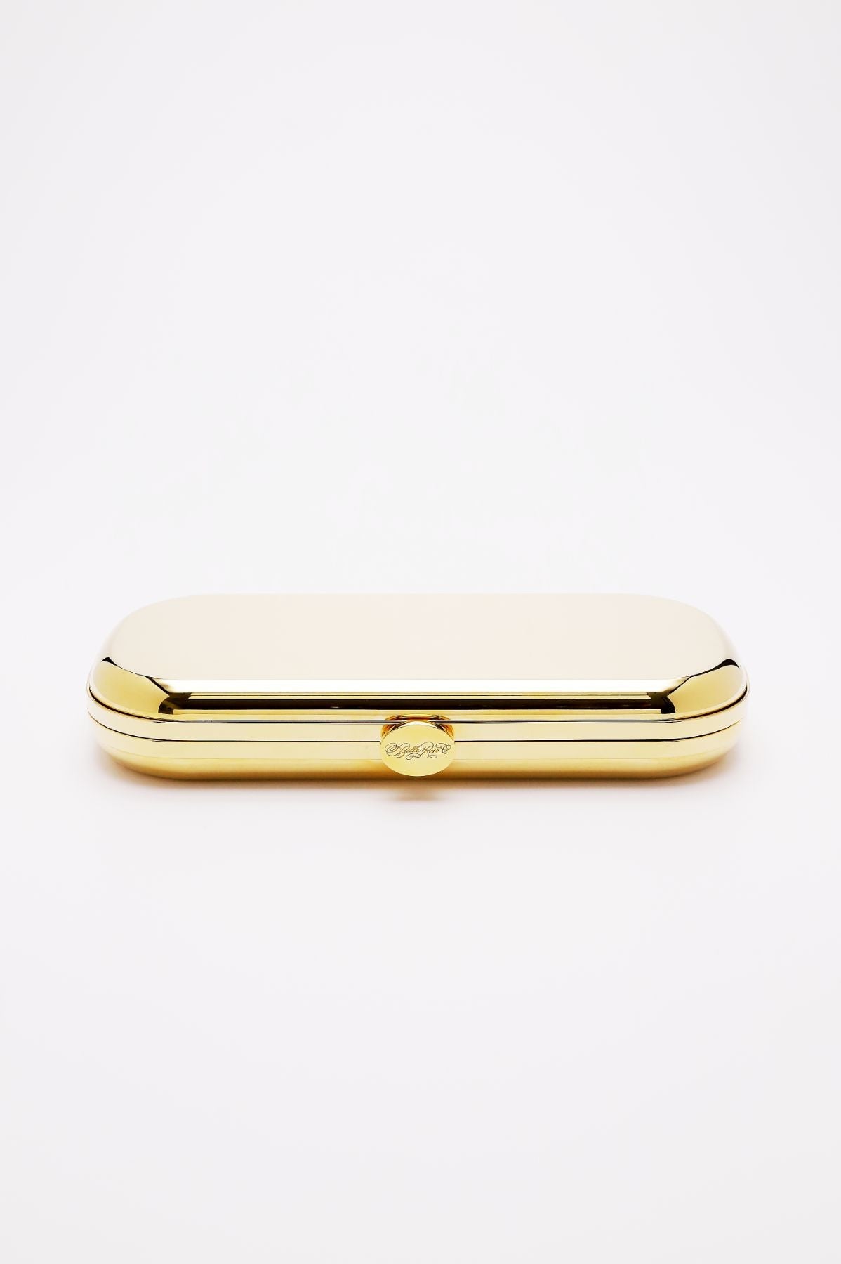Gold-toned &quot;The Bella Rosa Collection&#39;s Bella Clutch Golden Grande&quot; against a white background.