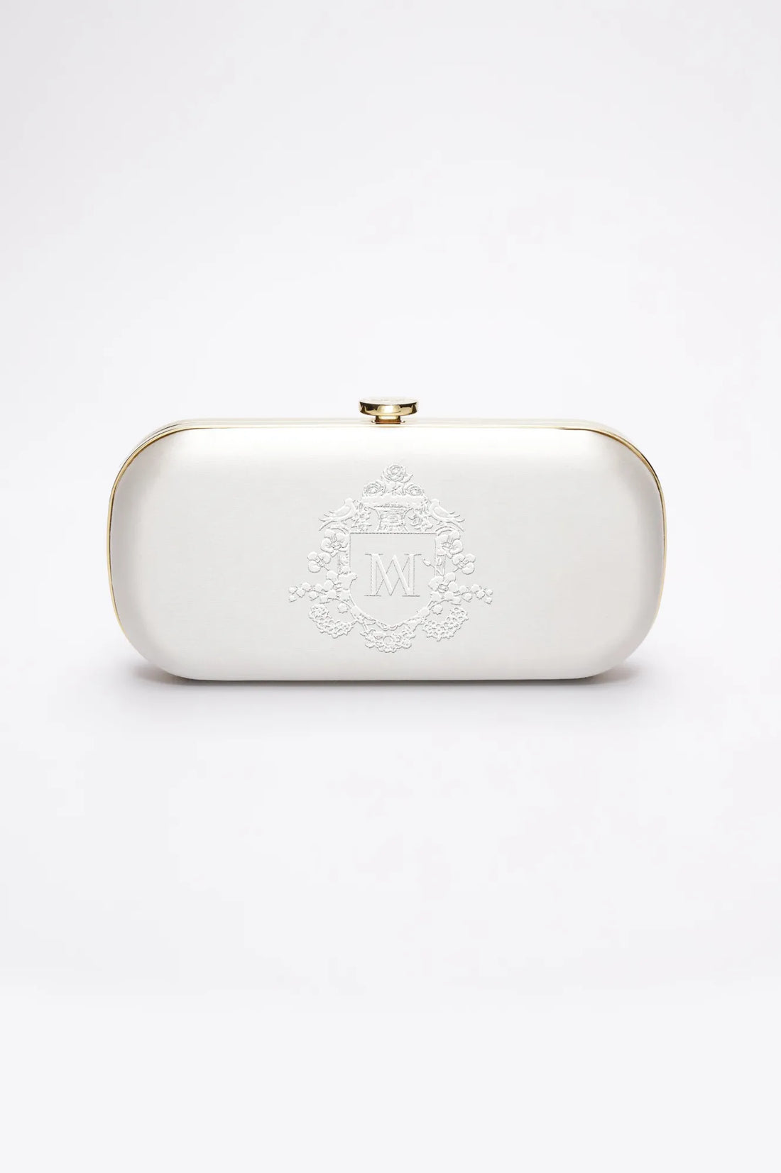 Front view of ivory satin Bella bridal clutch with gold hardware and white bridal monogram embroidery.