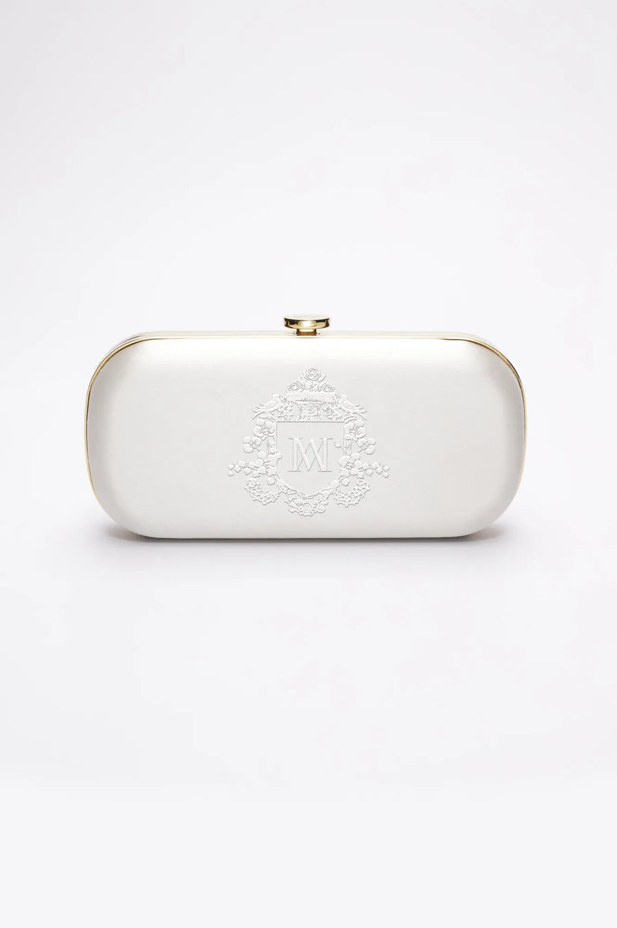 Front view of ivory satin Bella bridal clutch with gold hardware and white bridal monogram embroidery.
