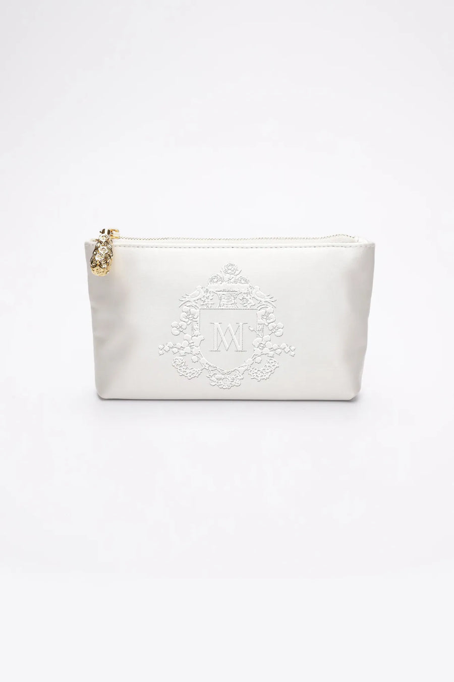 Mia Ivory Satin Zipper Pouch with bridal crest monogram embroidery.