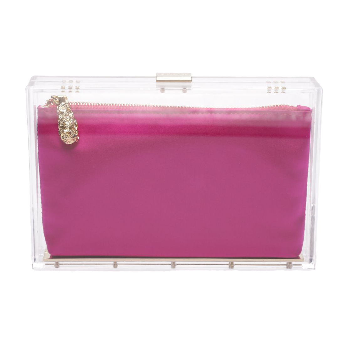 The Mia Clutch Clear Acrylic with Hot Pink Satin Zipper Pouch from The Bella Rosa Collection is a small pink fabric accessory encased in a transparent acrylic box. It features a gold zipper with an embellished gold pull and is part of our sample sale collection.