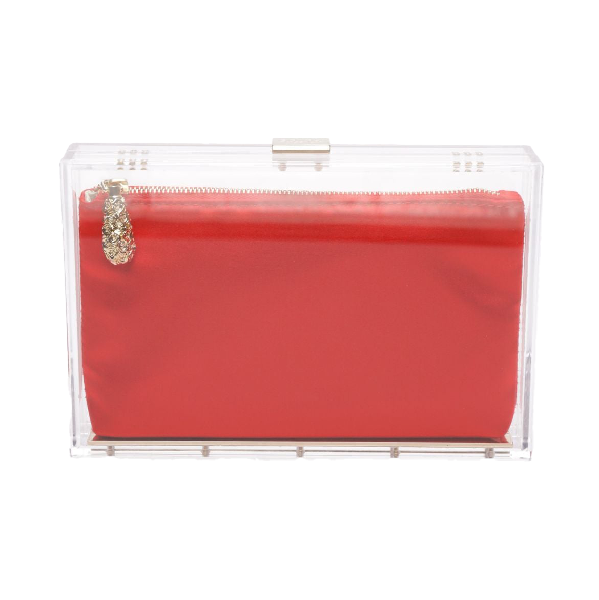 The Mia Clutch Clear Acrylic with Red Satin Zipper Pouch from The Bella Rosa Collection is a red rectangular pouch featuring a stunning gold zipper, encased in a transparent acrylic case with a top latch. As part of the sample sale, this elegant accessory is an absolute must-have.